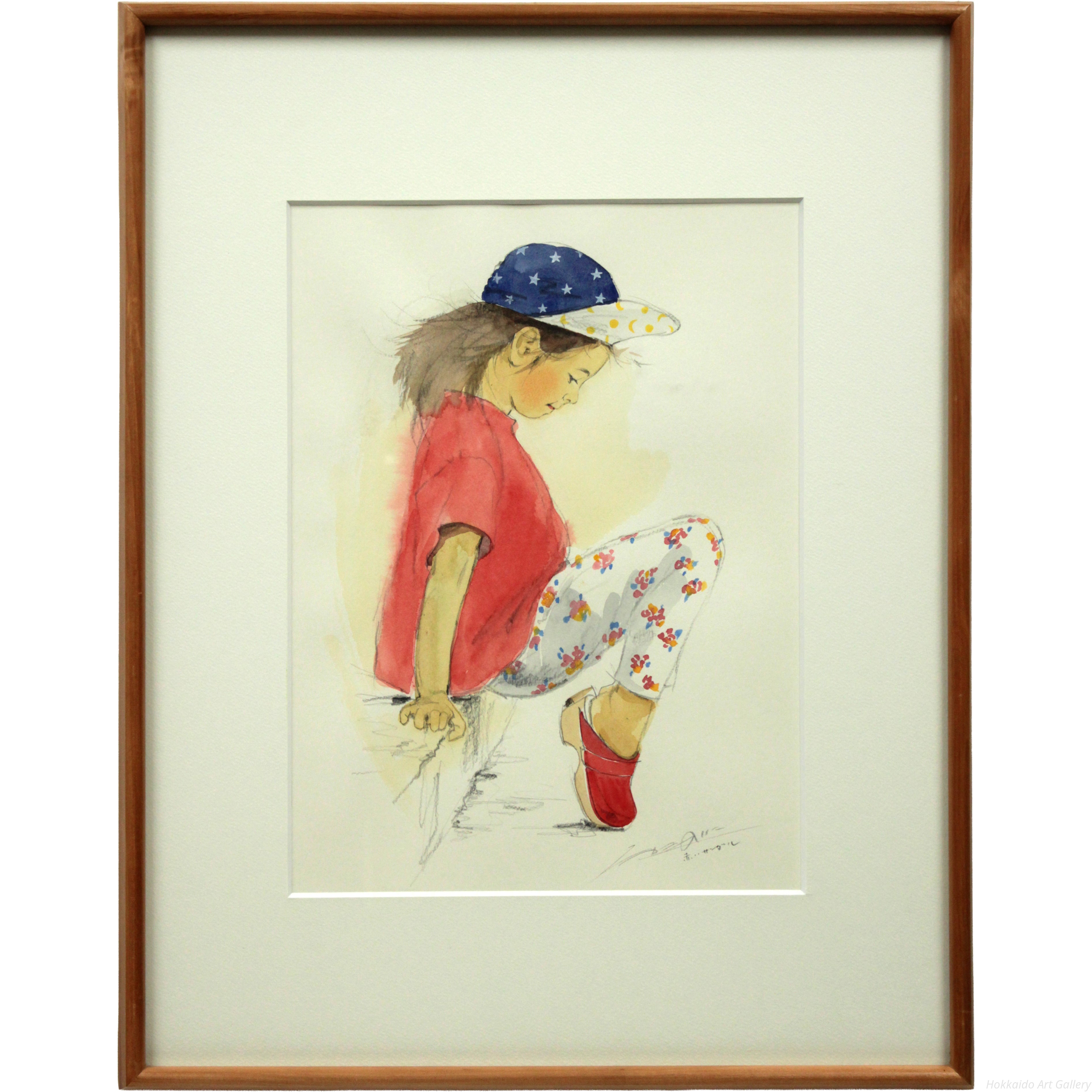 たかたのりこ 「赤いサンダル」 水彩画 絵画 たかたのりこ 『赤いサンダル』 水彩画 - 北海道画廊