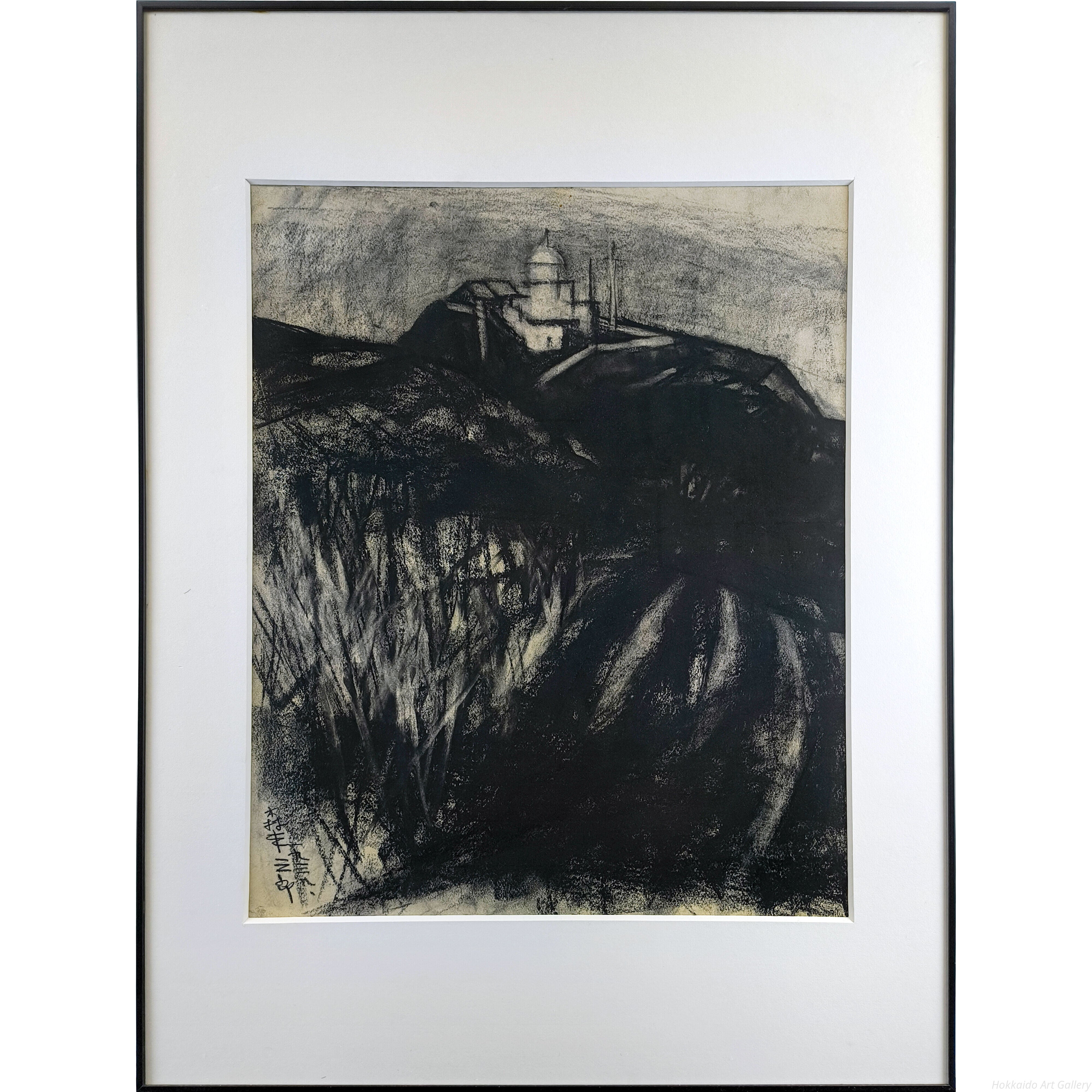 森本三郎 『日和山灯台』 コンテ画 - 北海道画廊
