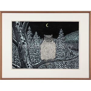 き*み様 手島圭三郎　木版画　「シマフクロウ・冬」　額なし 手島圭三郎 『しまふくろう・冬』 木版画 - 北海道画廊