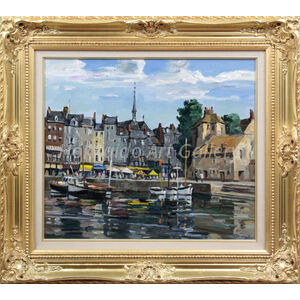 【真作】絵画　乙丸哲延　油彩4号　漁舟（オンフルール）　港の青い船　W160 真作】絵画 乙丸哲延 油彩4号 漁舟（オンフルール） 港の青い船