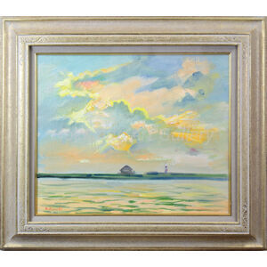 場崎 恵 『夕日（石狩川河口）』 油彩画 - 北海道画廊