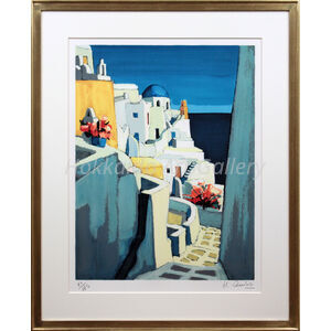 「サントリーニ島風景」ジャン・クロード・キリチ 額　リトグラフ 絵画　直筆サイン ジャン・クロード・キリチ 『サントリーニ島の青いドーム』 リトグラフ