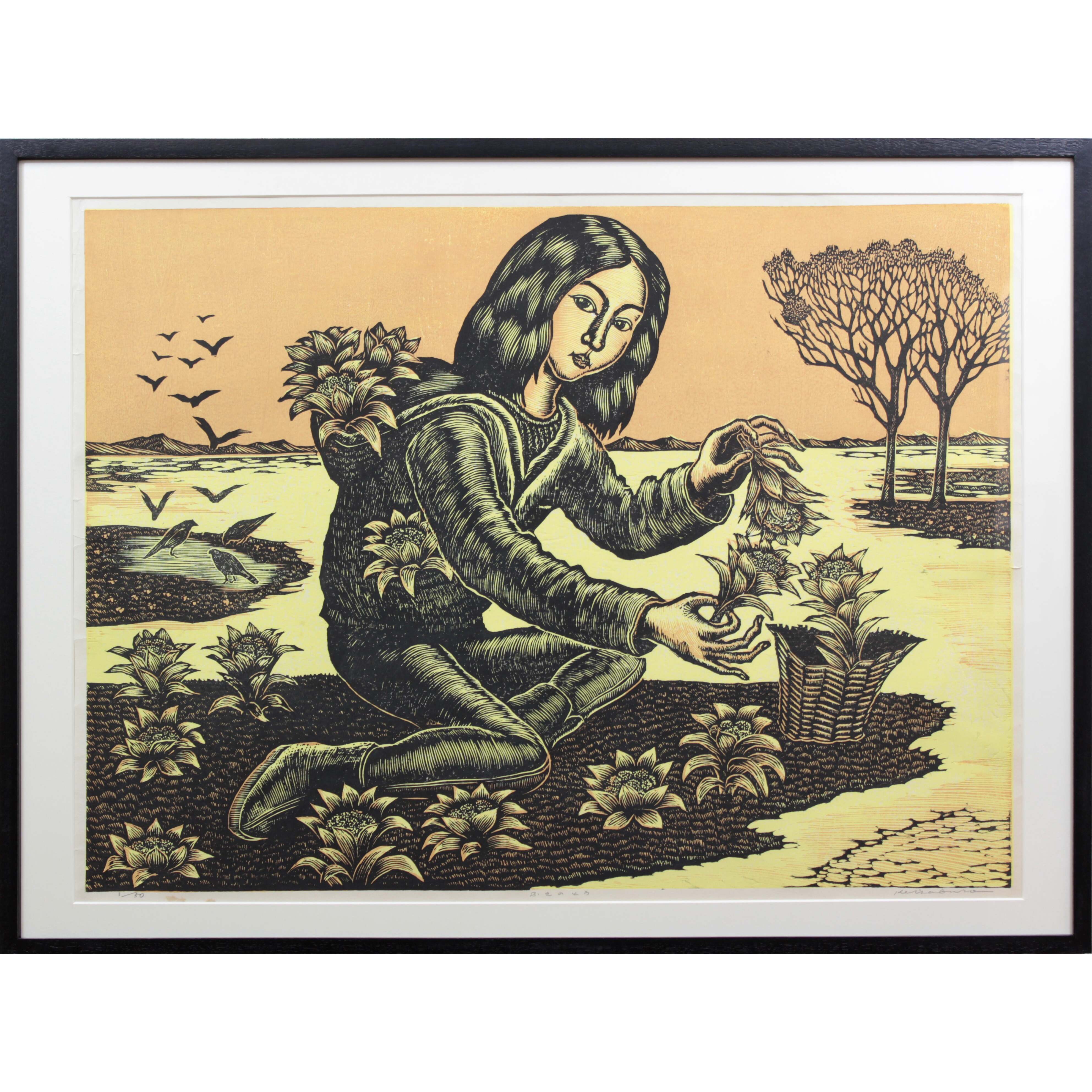 手島圭三郎 木版画 花の少女 直筆サイン 限定34/100 額装 木版画 m81621070244_1.jpg?1741153667