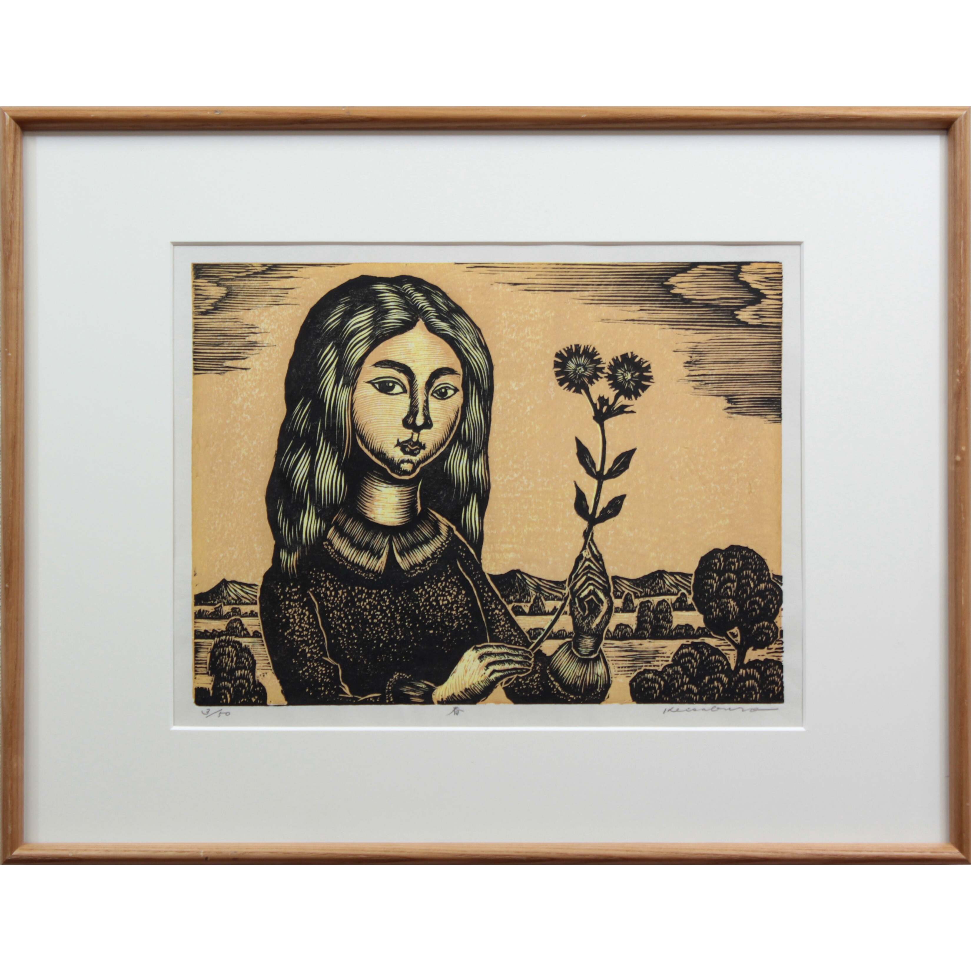 手島圭三郎　 昼の月 木版画 14/200 直筆サイン 手島 圭三郎 『春』 木版画 - 北海道画廊