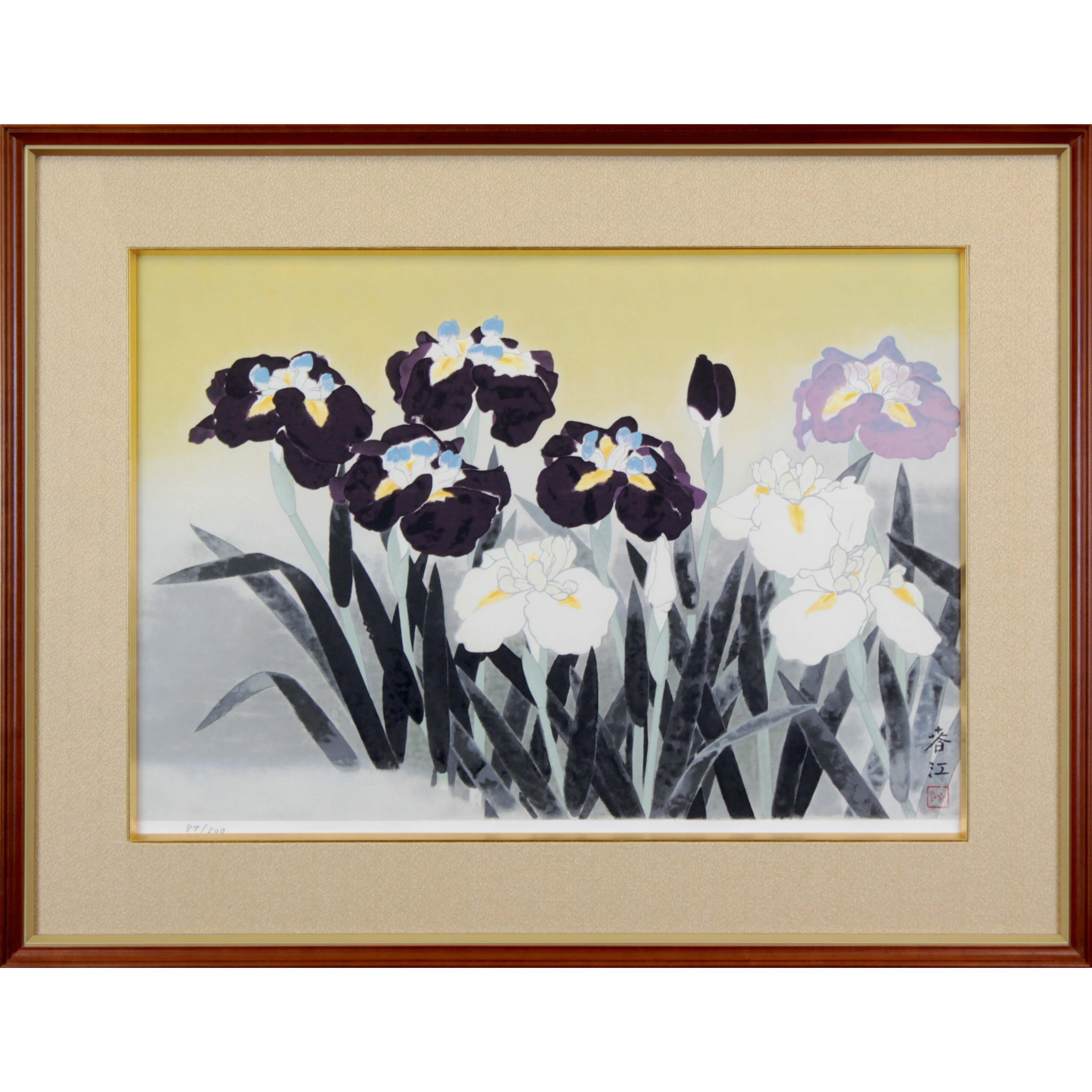 花菖蒲 日本画 邦江作 花 絵画 花菖蒲 和風 日本画 木版画 山口蓬春 「花菖蒲」 額付き
