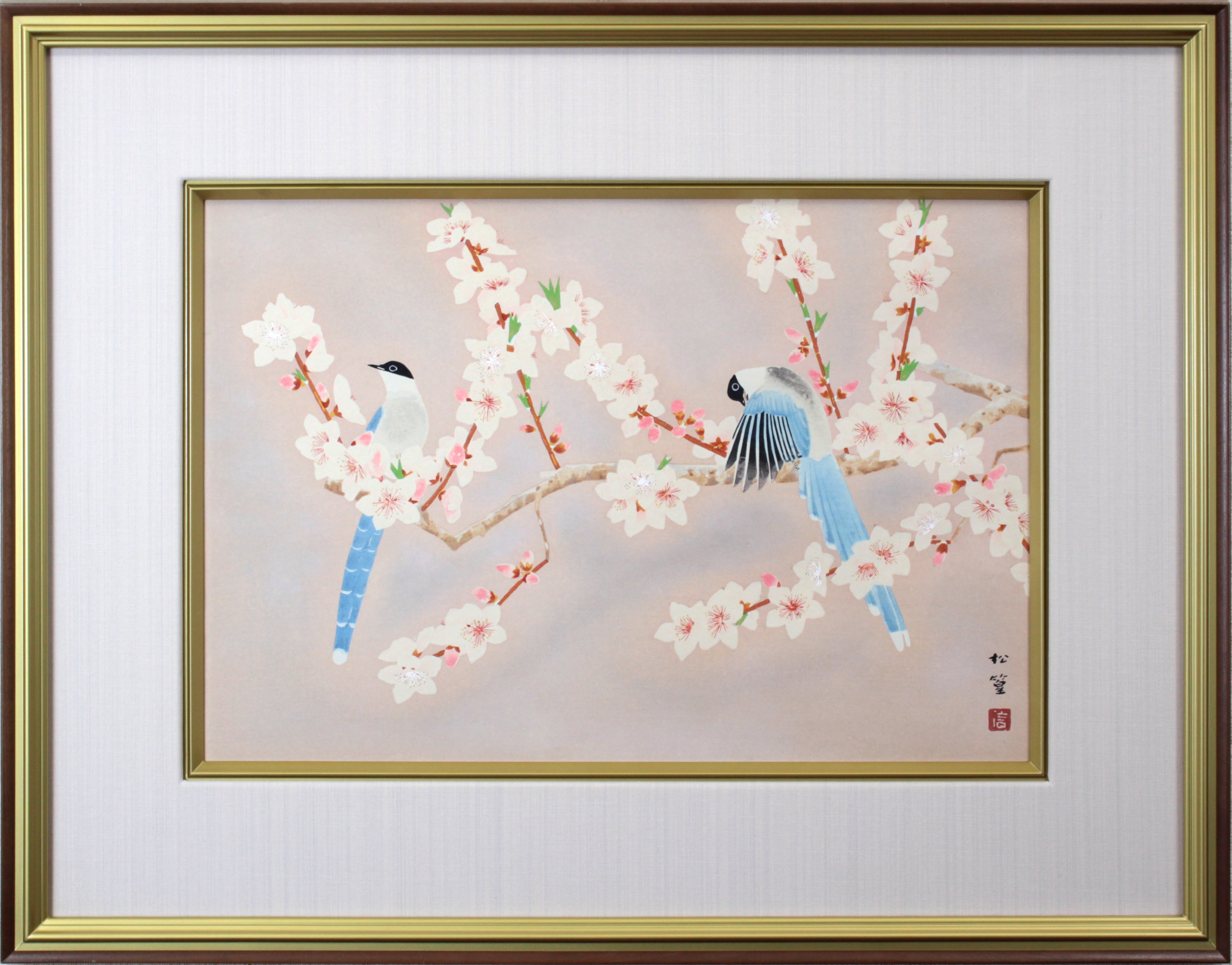 【限定価格】。◆楾◆ 上村松篁 「桔梗」 肉筆日本画 色紙 [B180]OO/22.3廻/OD/(120) 花鳥、鳥獣