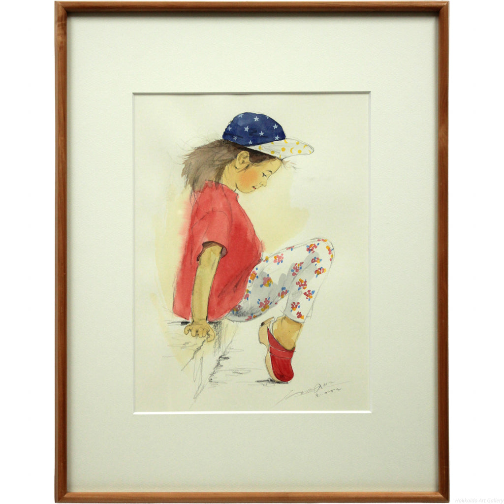 たかたのりこ 『赤いサンダル』 水彩画 - 北海道画廊