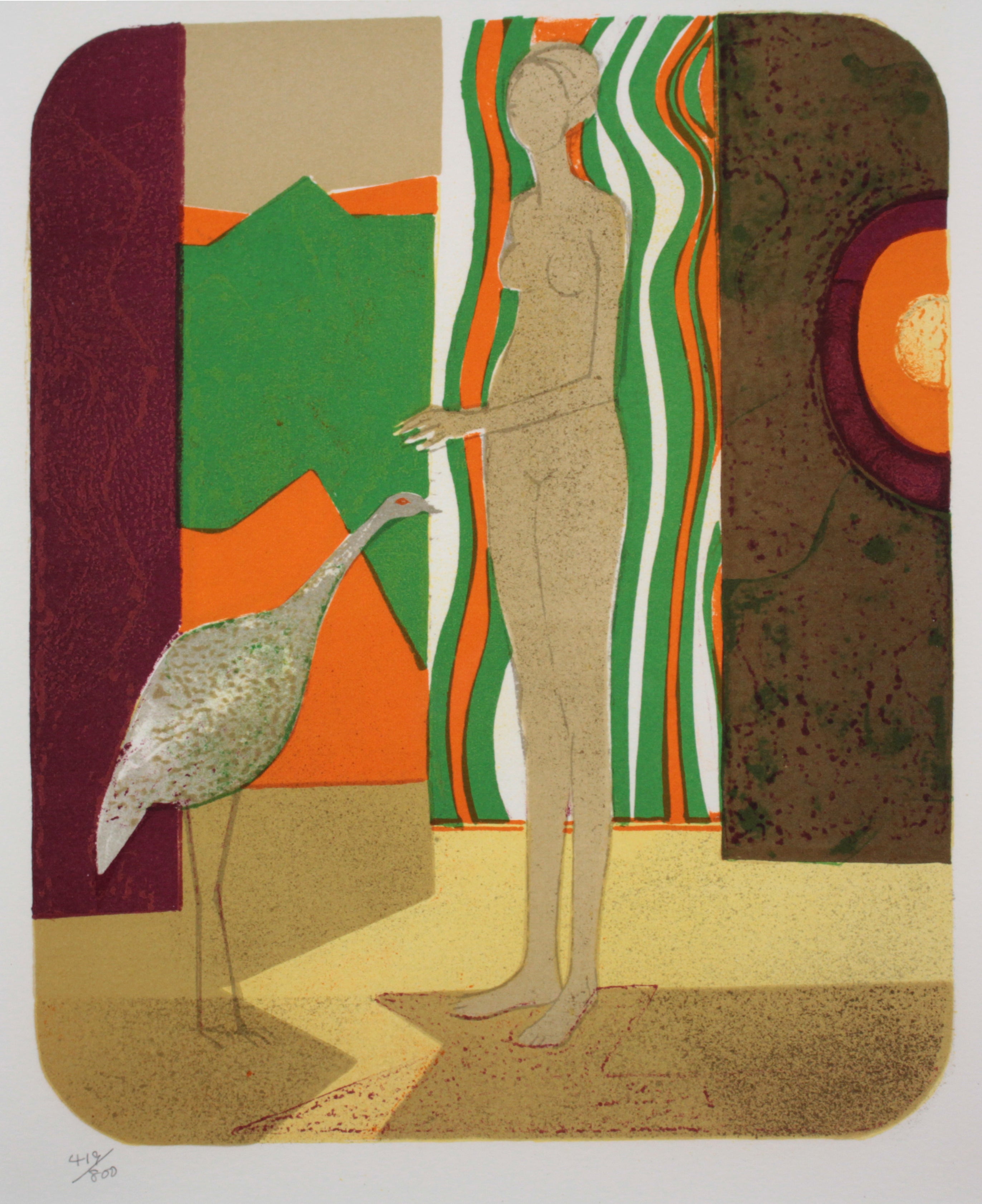27×22cm作品サイズアンドレ・ミノー『女性と鳥』リトグラフ【真作保証】 絵画