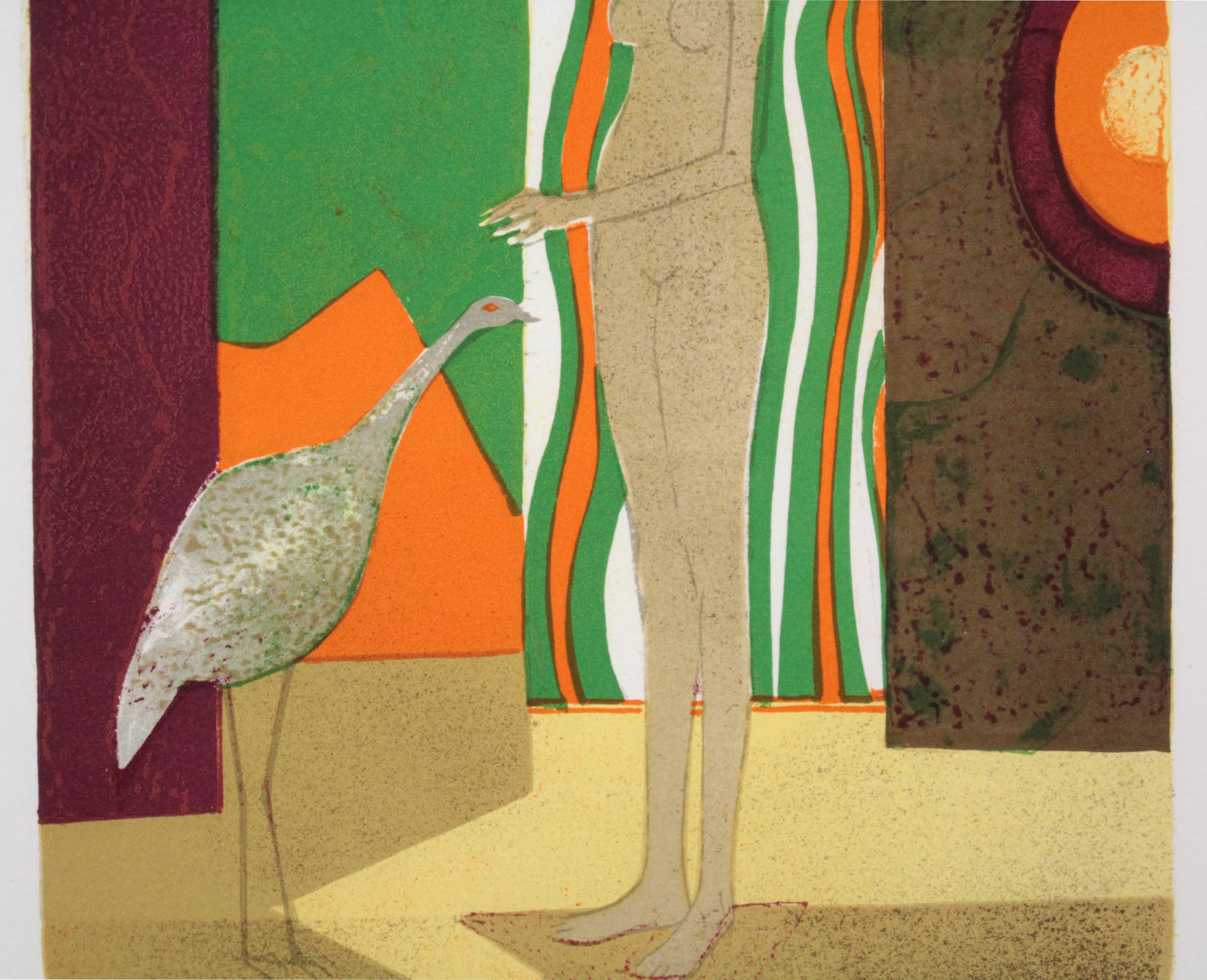 27×22cm作品サイズアンドレ・ミノー『女性と鳥』リトグラフ【真作保証】 絵画