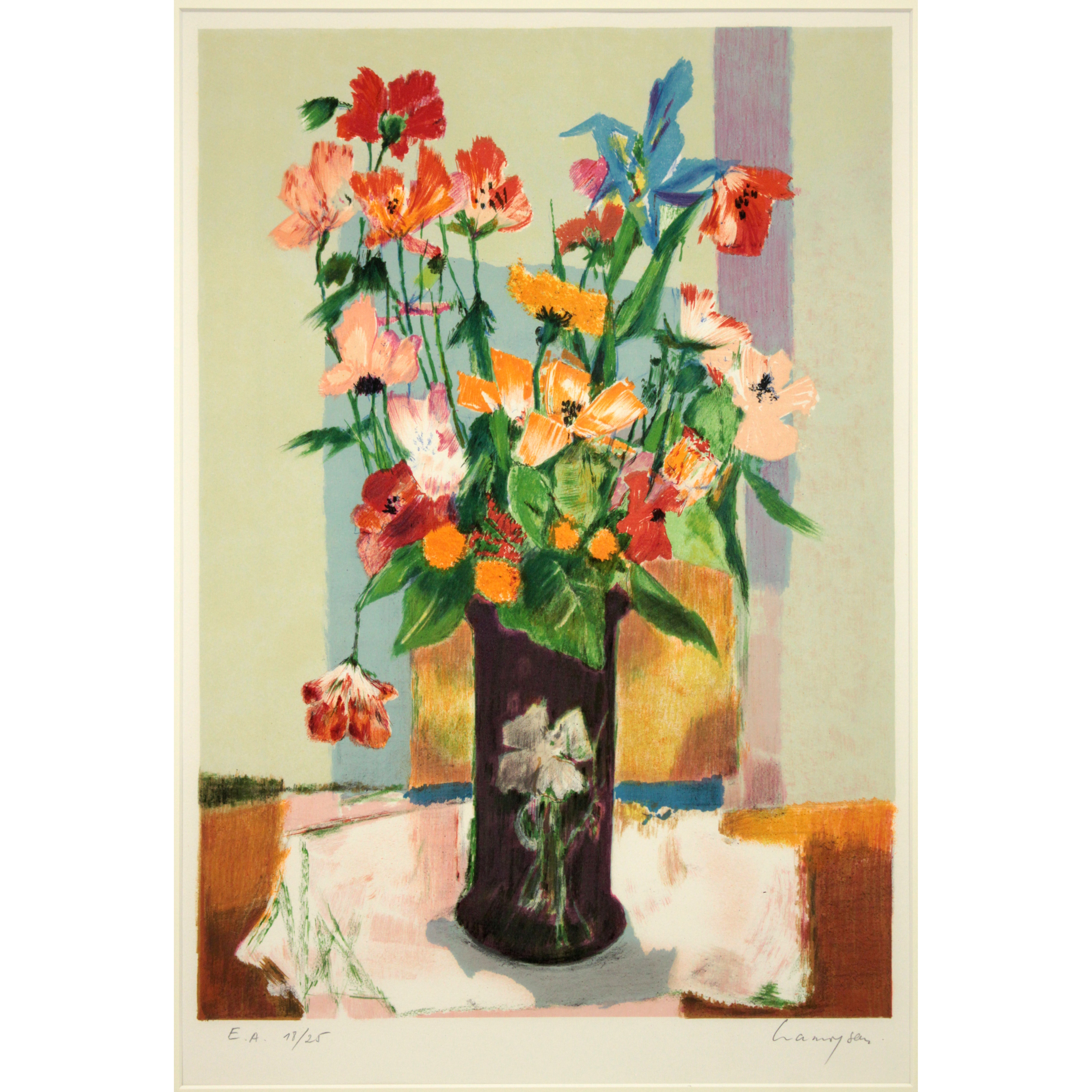 マルセル・クラモアザン、花、高級希少画集画、版上サイン入 新品額付 マルセル・クラモアザン 『黒い壺』 リトグラフ - 北海道画廊