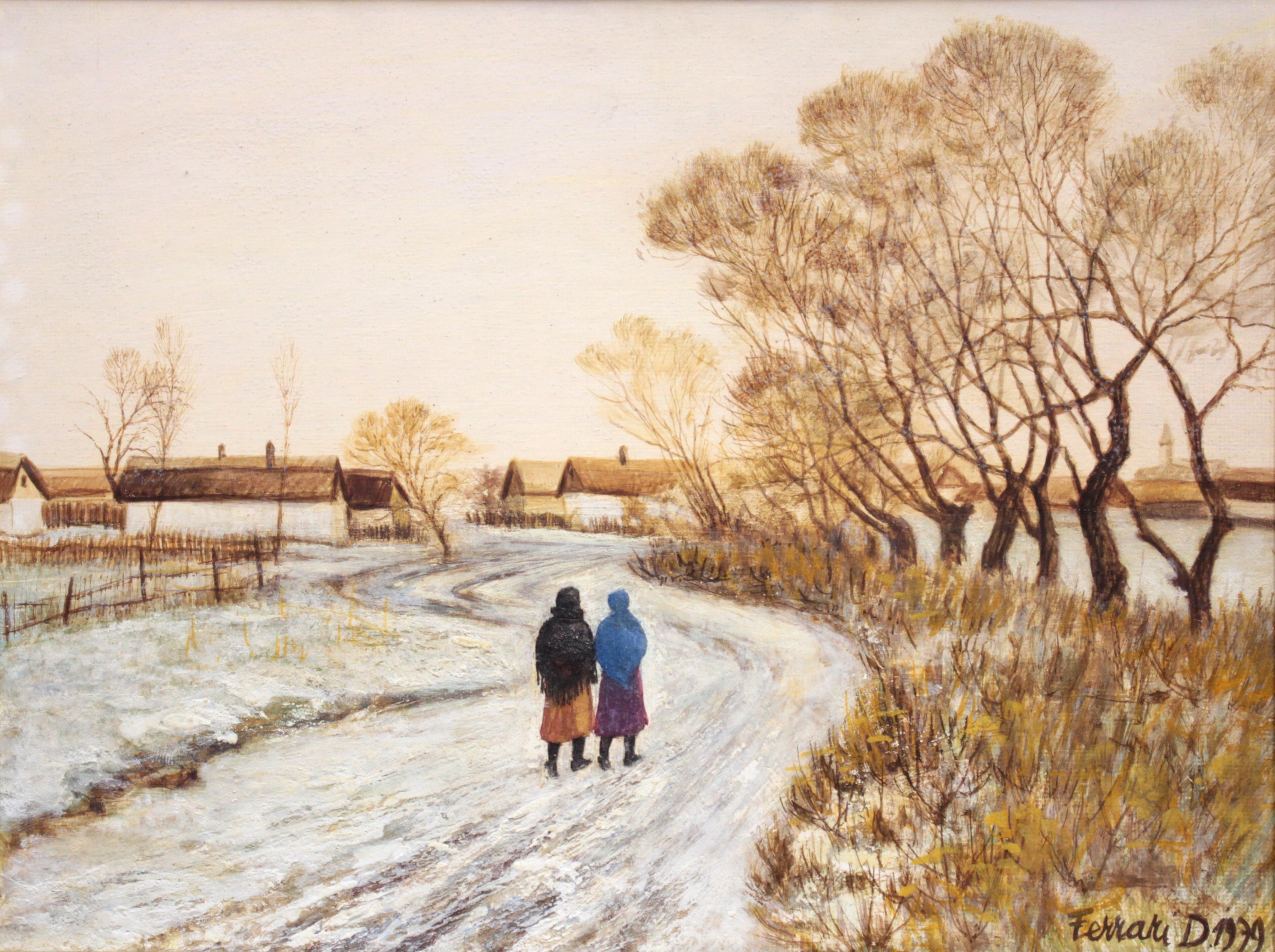 ダンテ・フェラーリ 『冬の村』 油彩画 - 北海道画廊