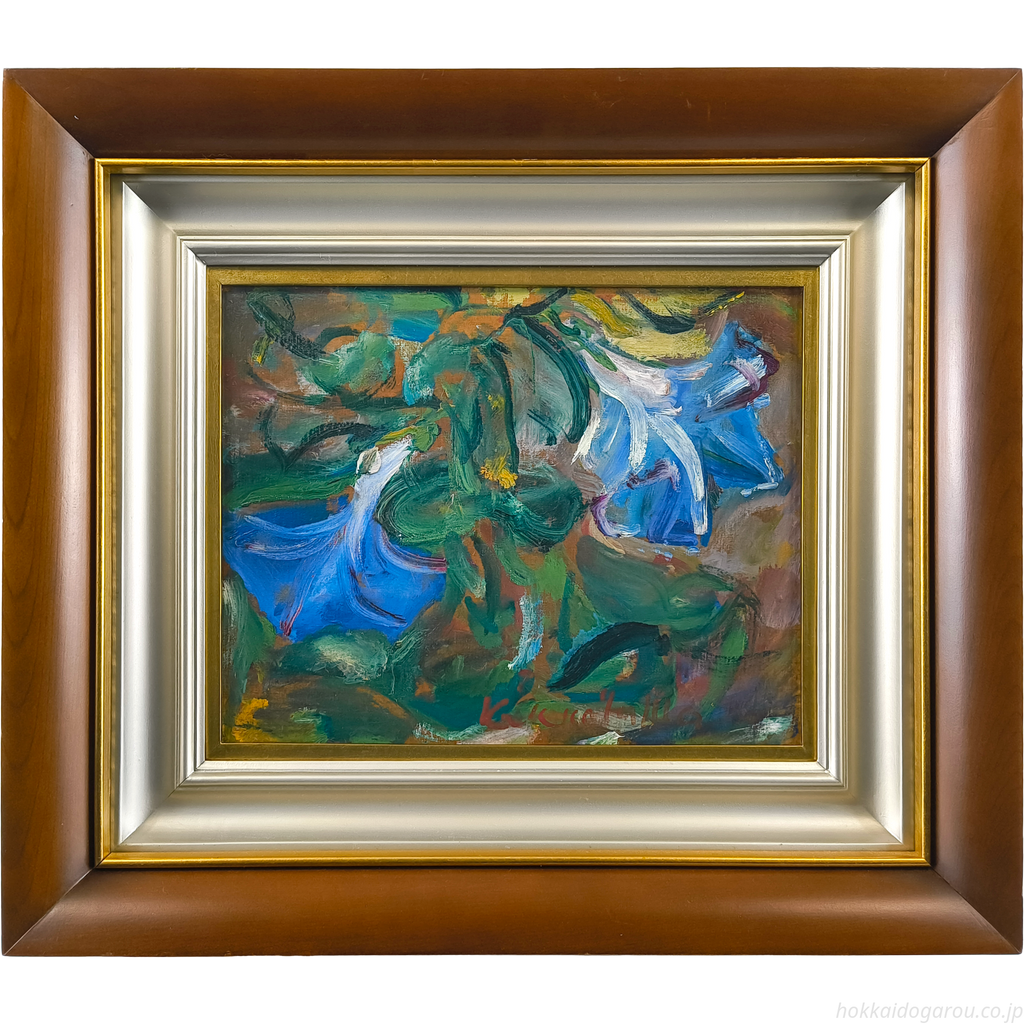 上野山清貢「寒椿」油彩画 F3号 板絵 上野山清貢 『花』 板に油彩 - 北海道画廊