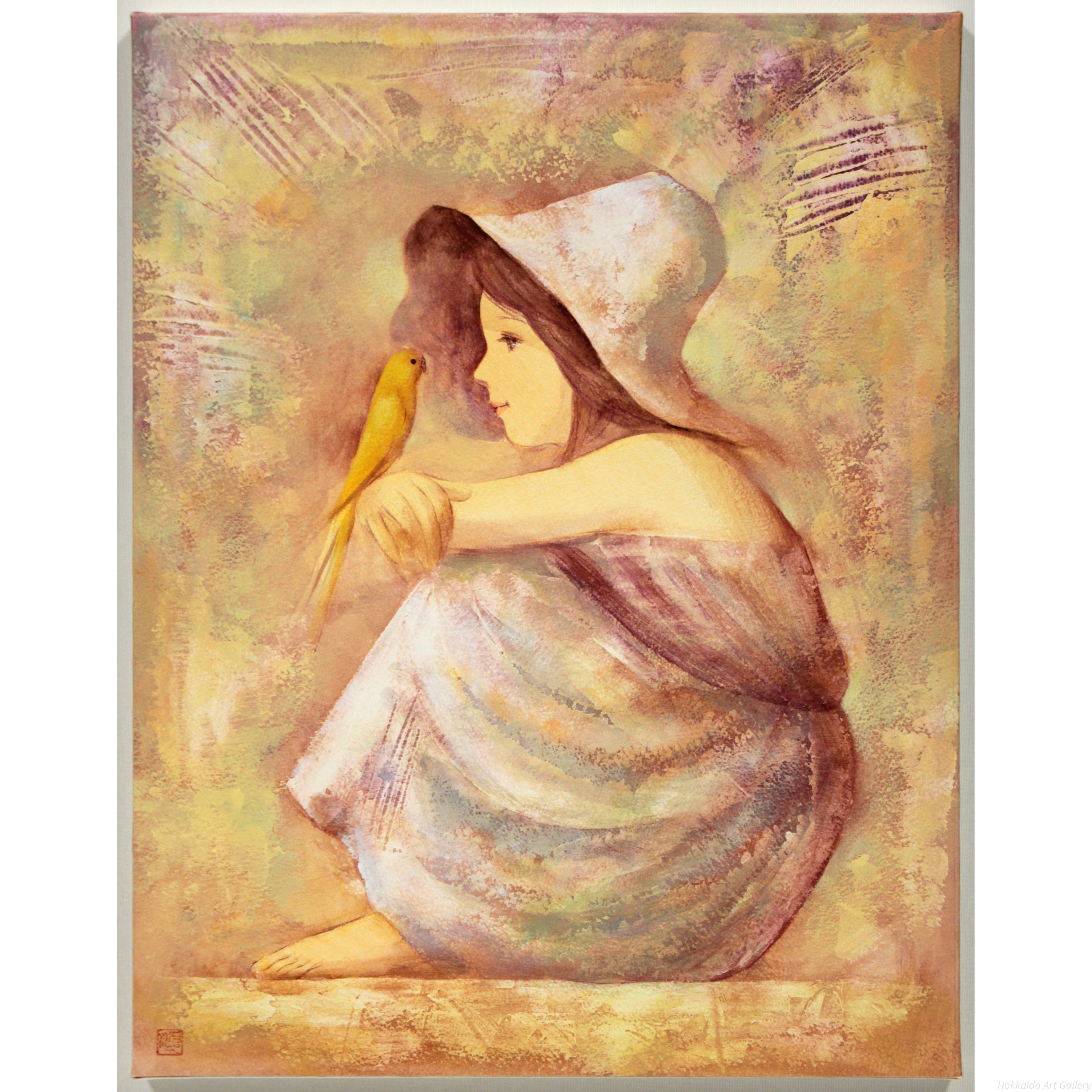 伊藤順一 『インコと少女』 油彩画 - 北海道画廊