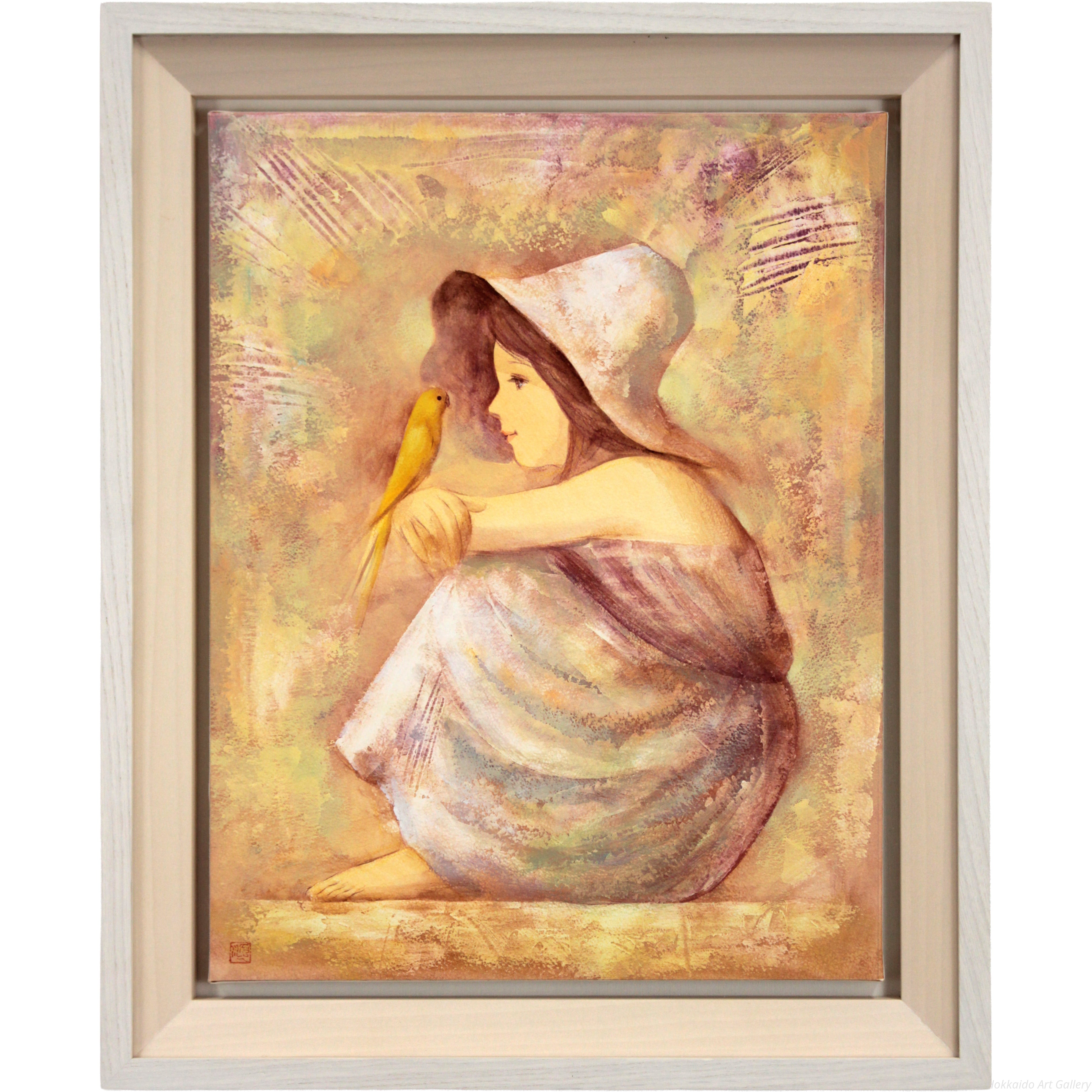 伊藤順一 『インコと少女』 油彩画 - 北海道画廊