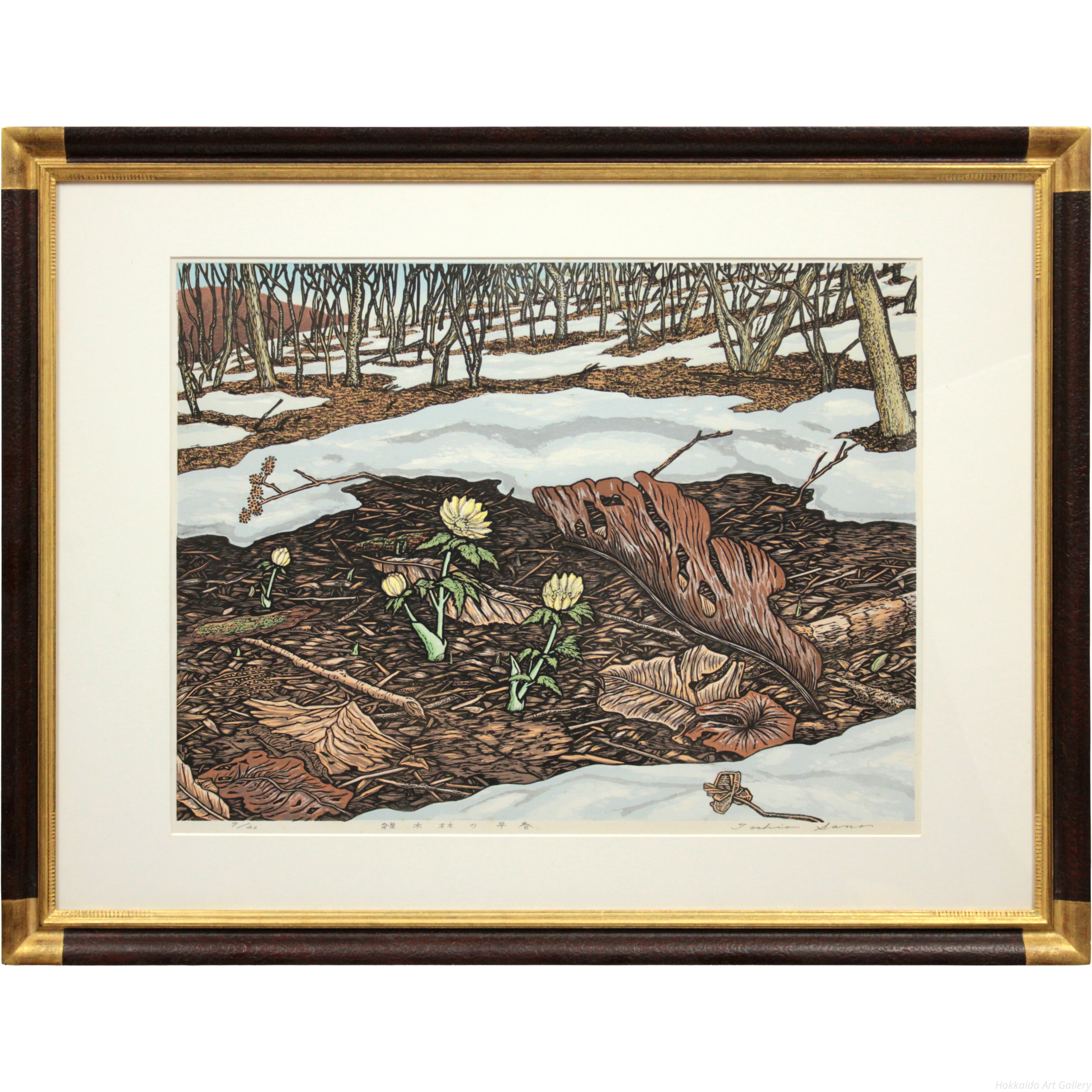 佐野敏夫 『雑木林の早春』 木版画 - 北海道画廊