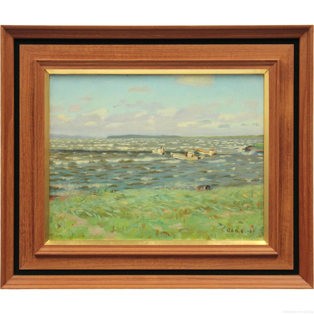 大月源二 『風浪のサロマ湖』 油彩画 - 北海道画廊
