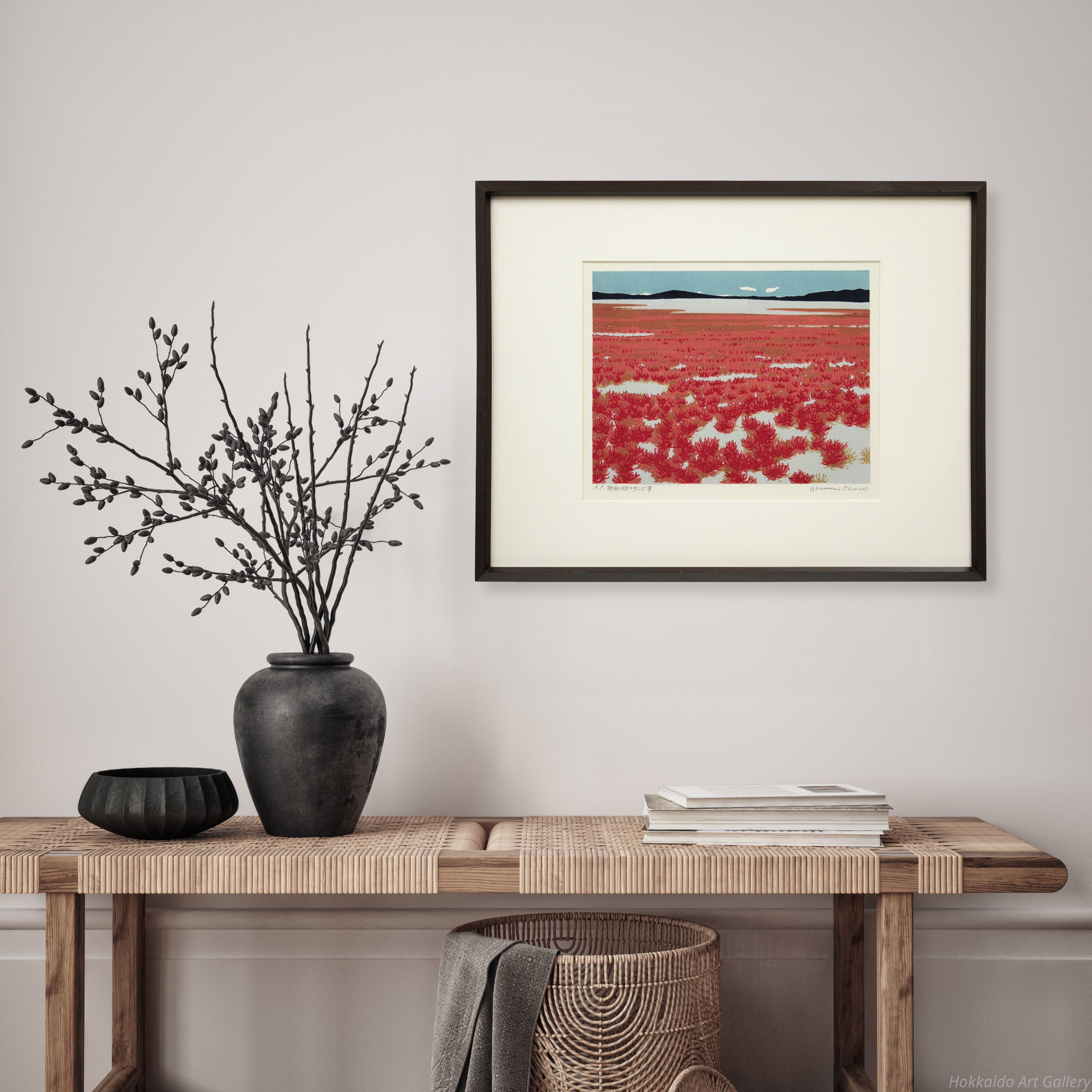 \"木版画\"　北海道の版画家　大本 靖『能取湖のサンゴ草』 木版画 北海道の版画家 大本 靖『能取湖のサンゴ草』