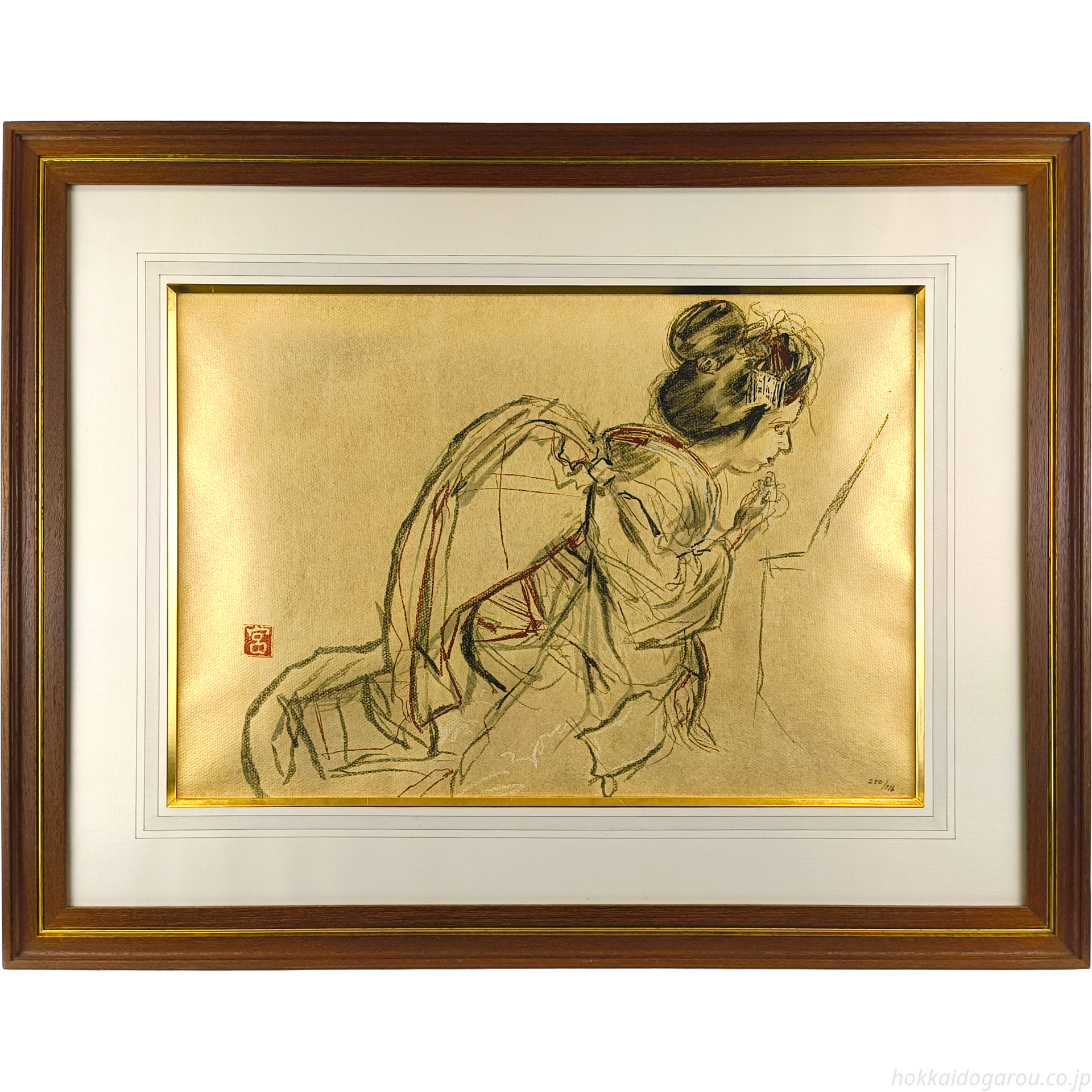 伝宮本三郎 「林さん」1952年　額29×29絵15×15cm(￼板絵)印有 宮本三郎 『舞妓「紅さし」の図』 木版画 - 北海道画廊