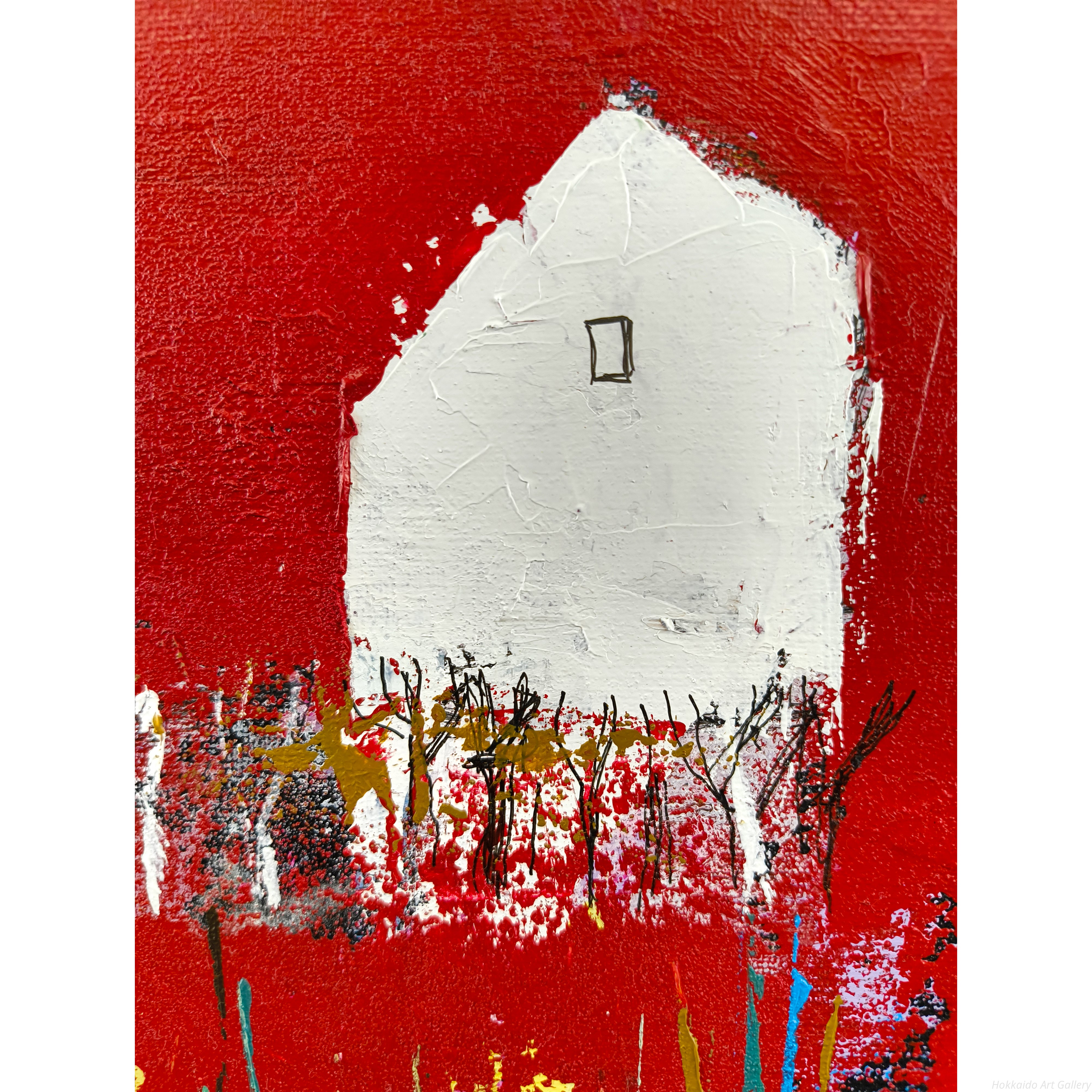 【真作】絵画　油彩　舞踏の情景　赤と白の衣装　Y187 宮沢克忠 『白い家』 油彩画 - 北海道画廊