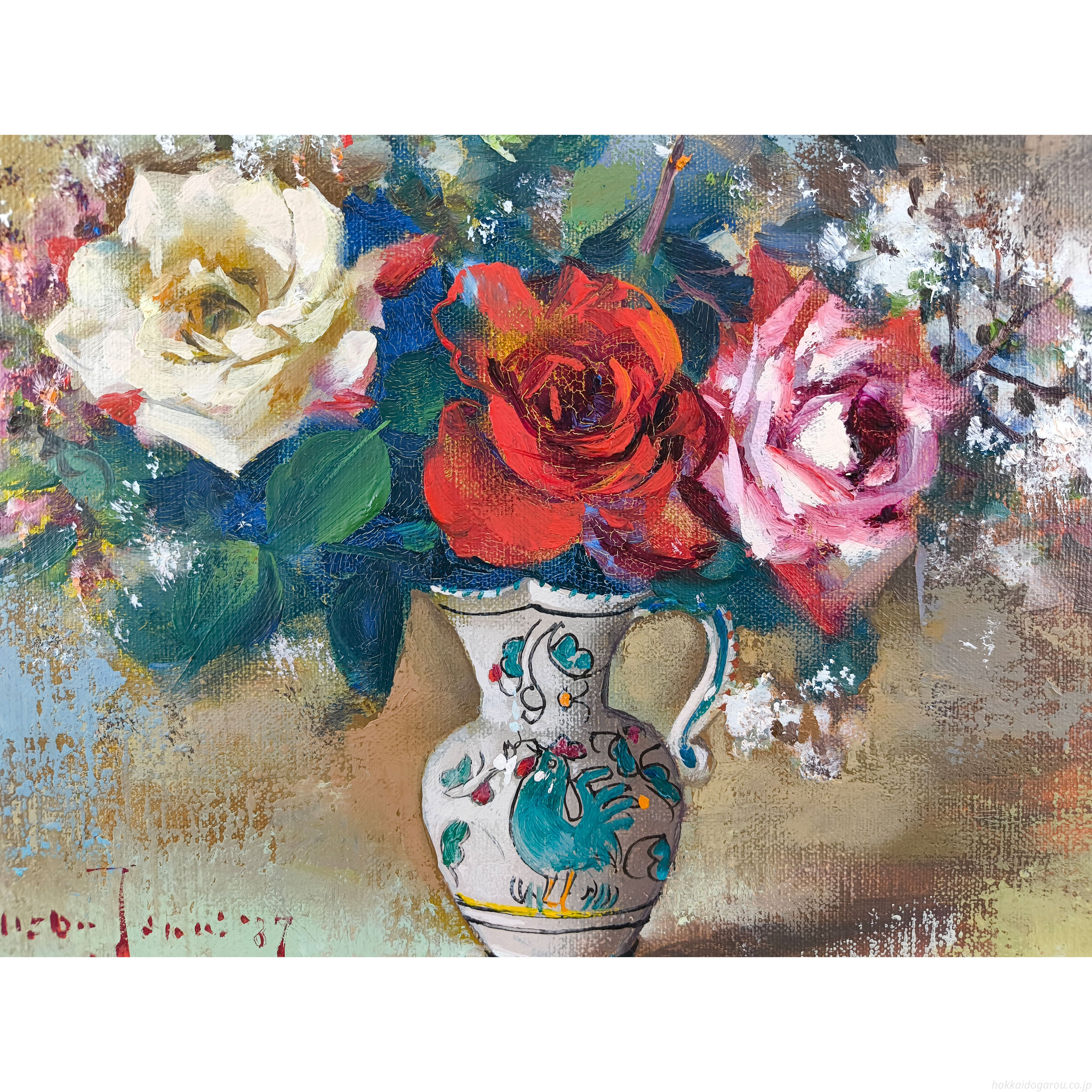 綺麗な薔薇が描かれてる油彩画 キャンパス約36 cmX29cm. 寺井重三 『薔薇』 油彩画 - 北海道画廊