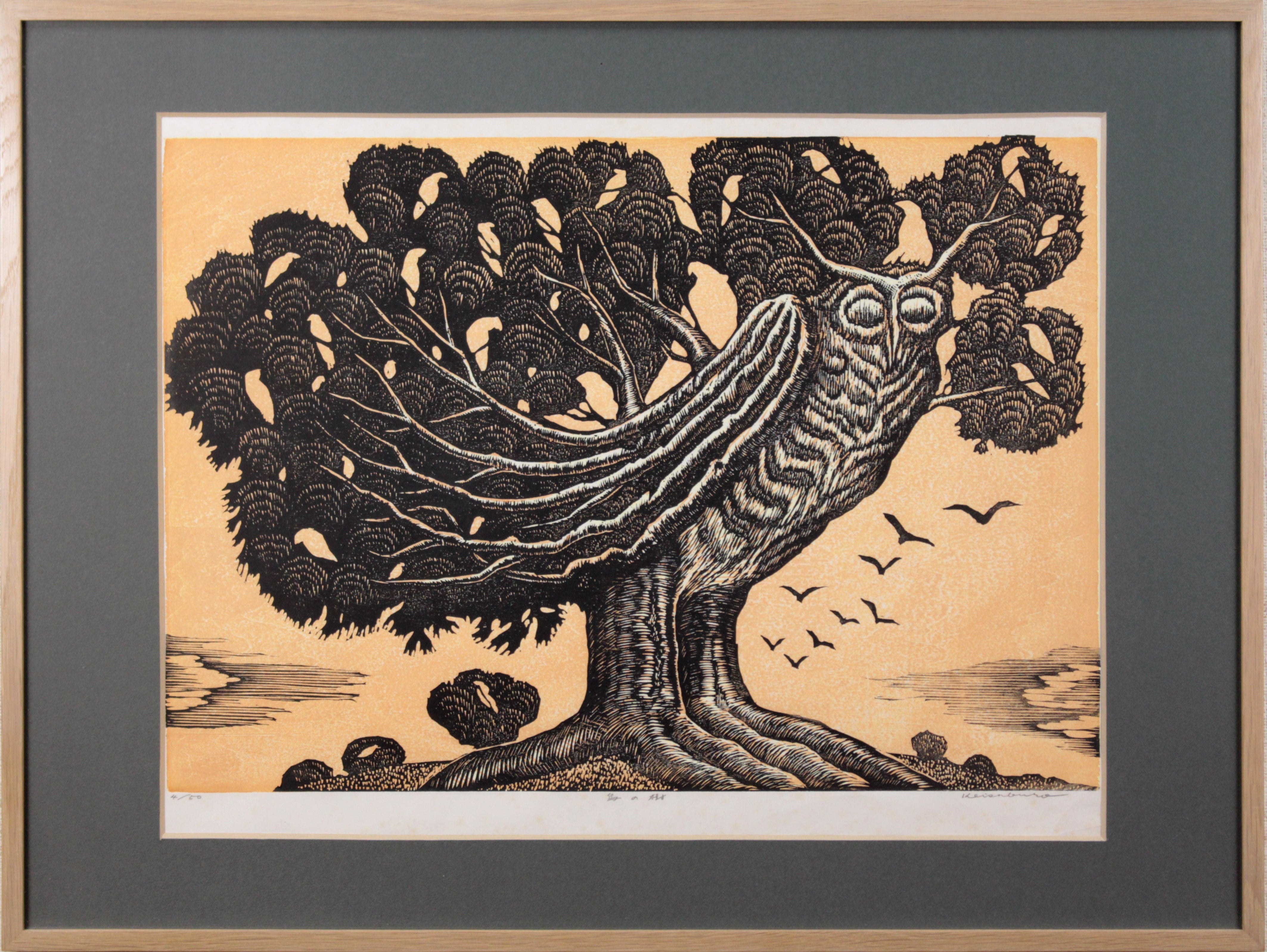 手島 圭三郎 『鳥の樹』 木版画 - 北海道画廊