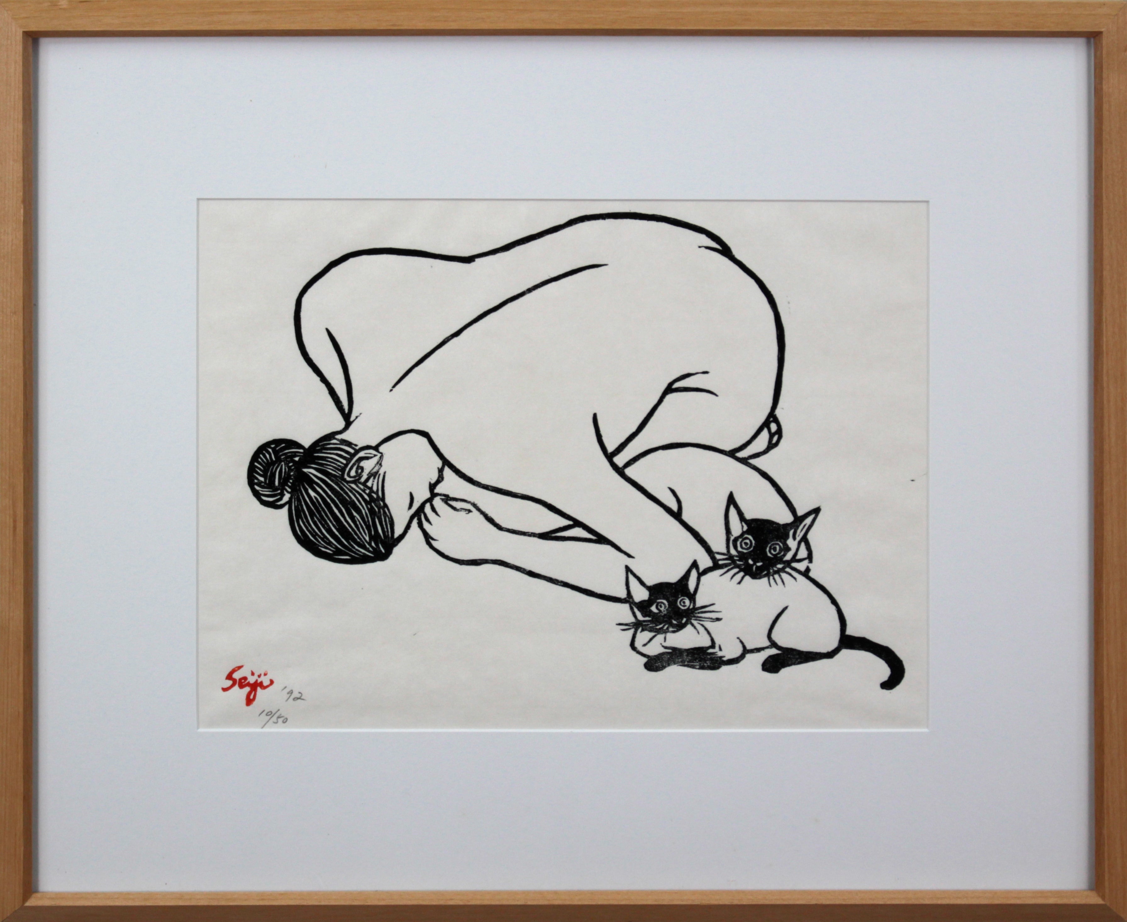 斎藤誠治『モッチャンと二匹の猫』木版画【真作保証】 絵画21×285cm作品サイズ
