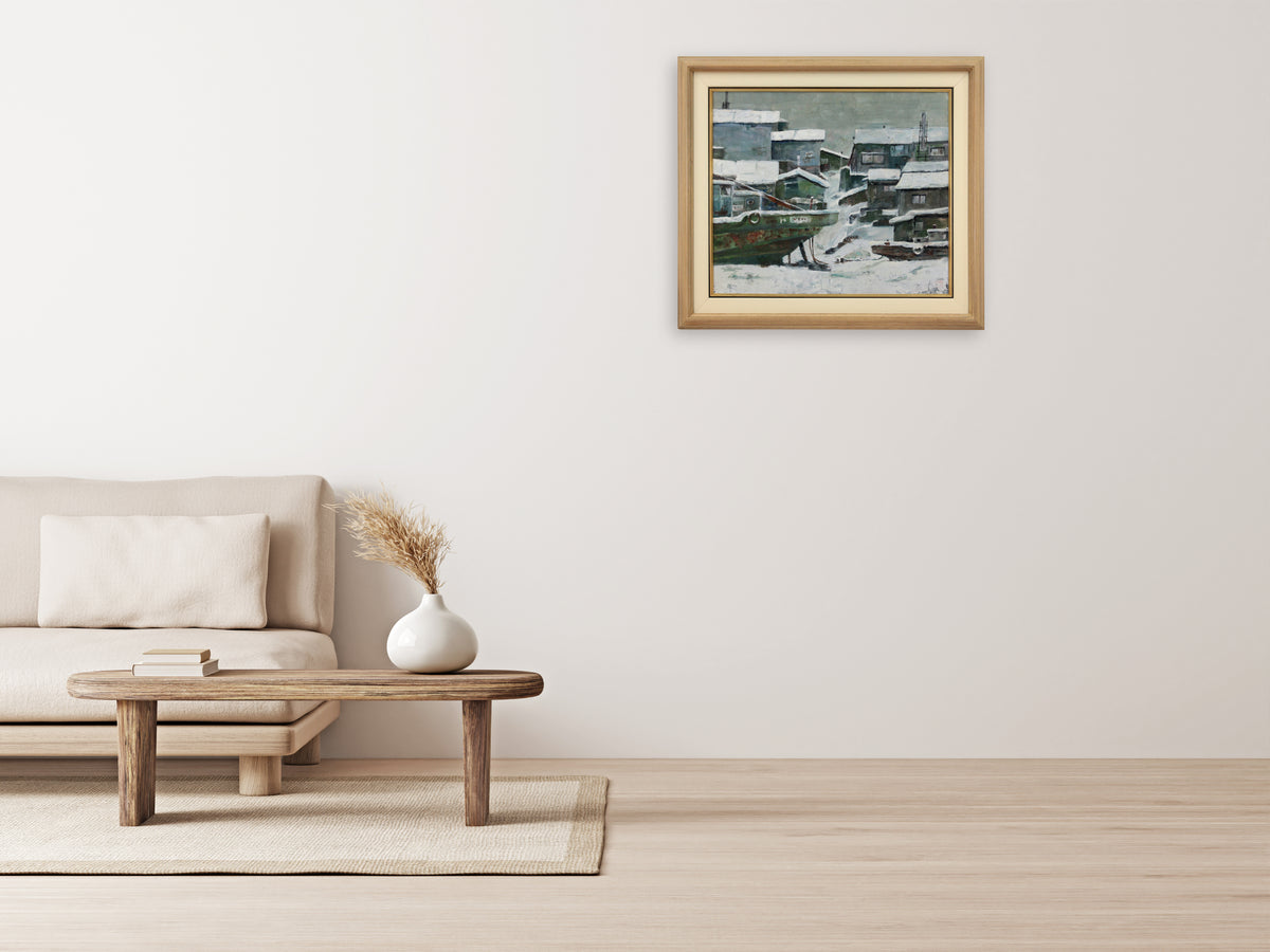 本間聖丈 『冬の漁村』 日本画 - 北海道画廊