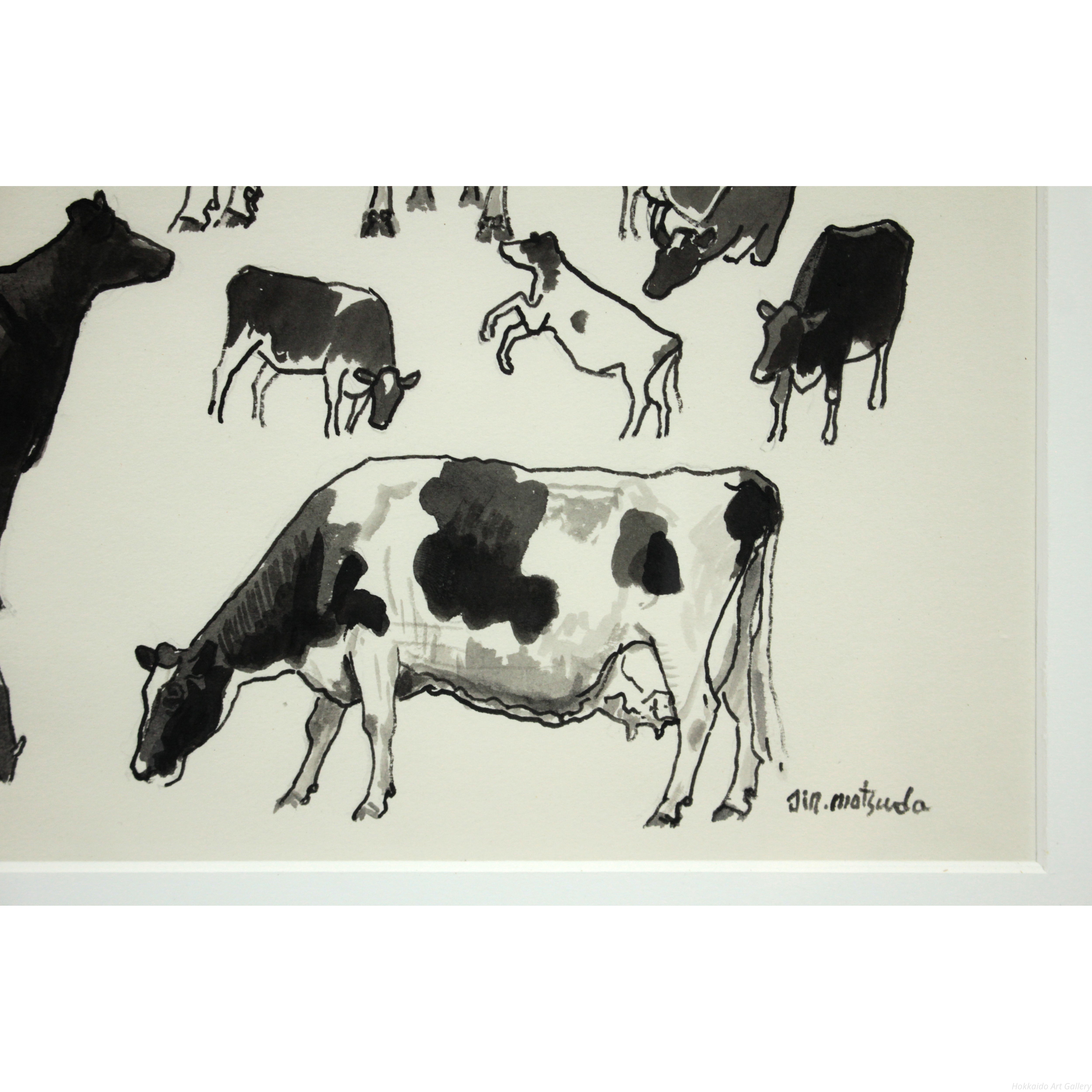 松田仁 『牛』 ペン画 - 北海道画廊