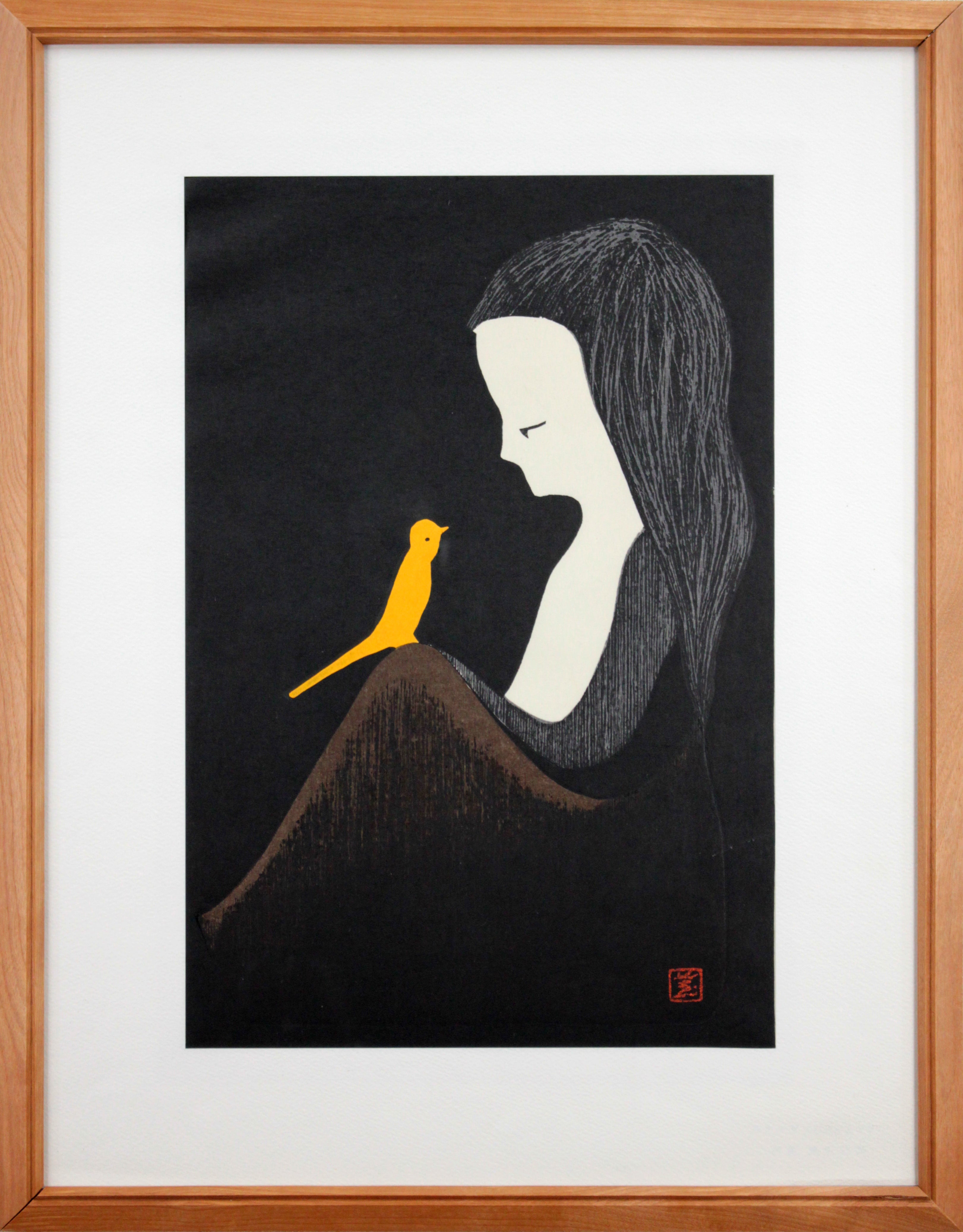 河野 薫 『少女と黄色い鳥』 木版画 - 北海道画廊