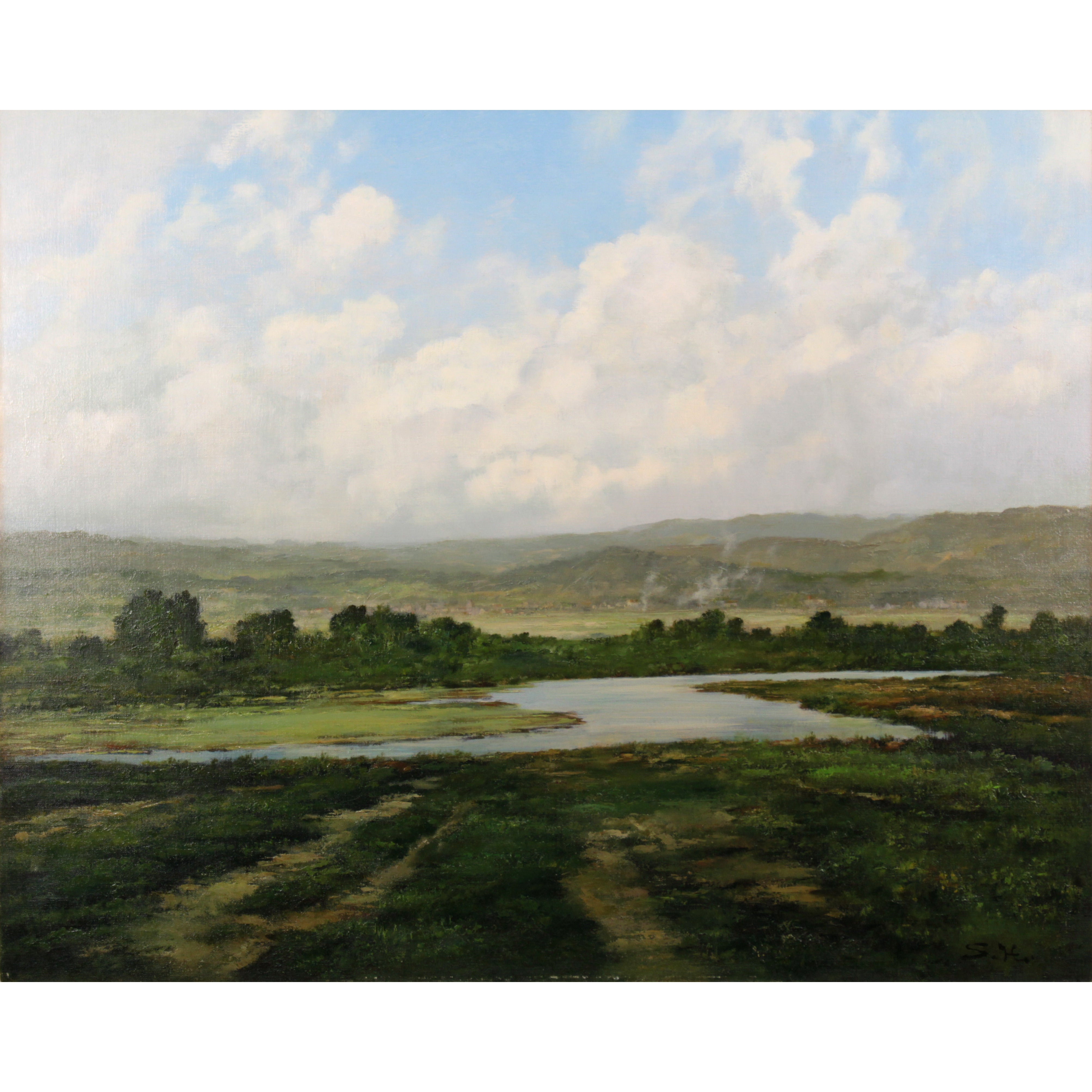 清水弘哉 『朝の木津川風景』 油彩画 - 北海道画廊