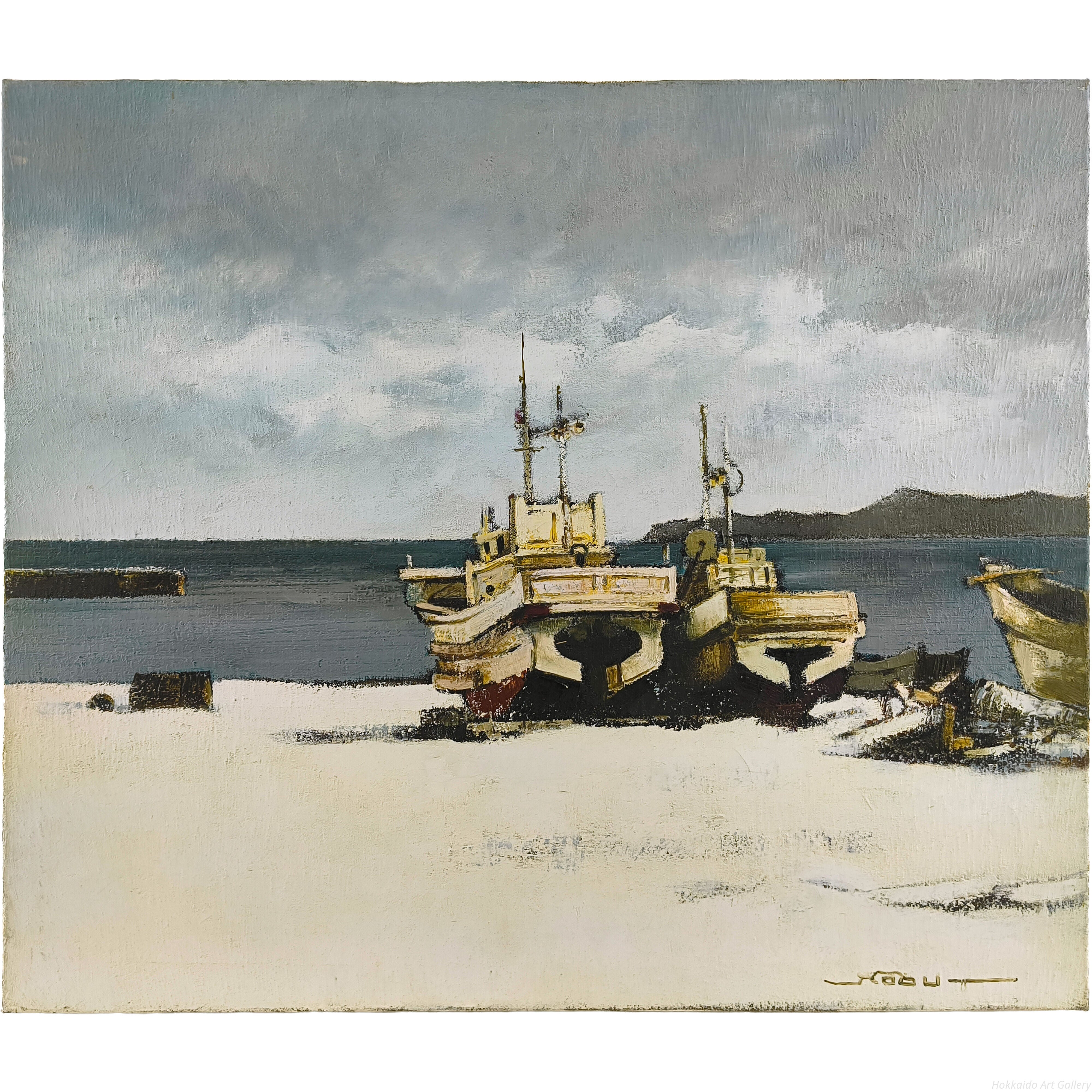 生田信行 『冬の浜 江差』 油彩画 - 北海道画廊