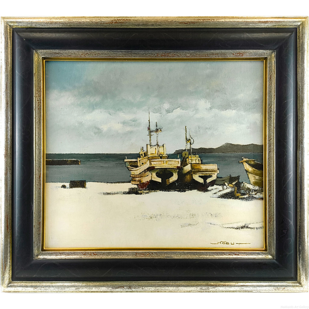 生田信行 『冬の浜 江差』 油彩画 - 北海道画廊