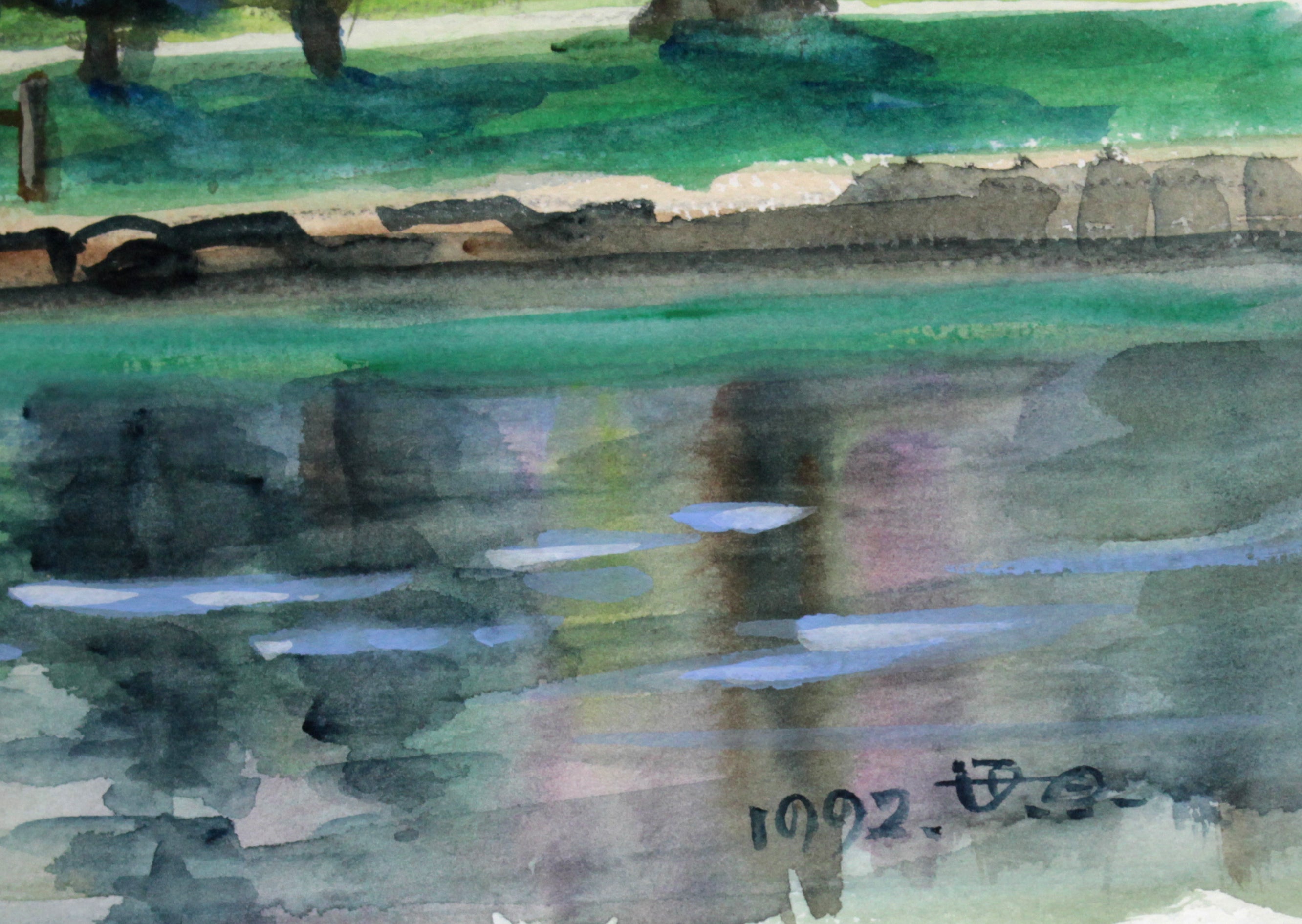 295×39cm作品サイズ笹原 亮『池畔の春（道庁）』水彩画【真作保証】 絵画