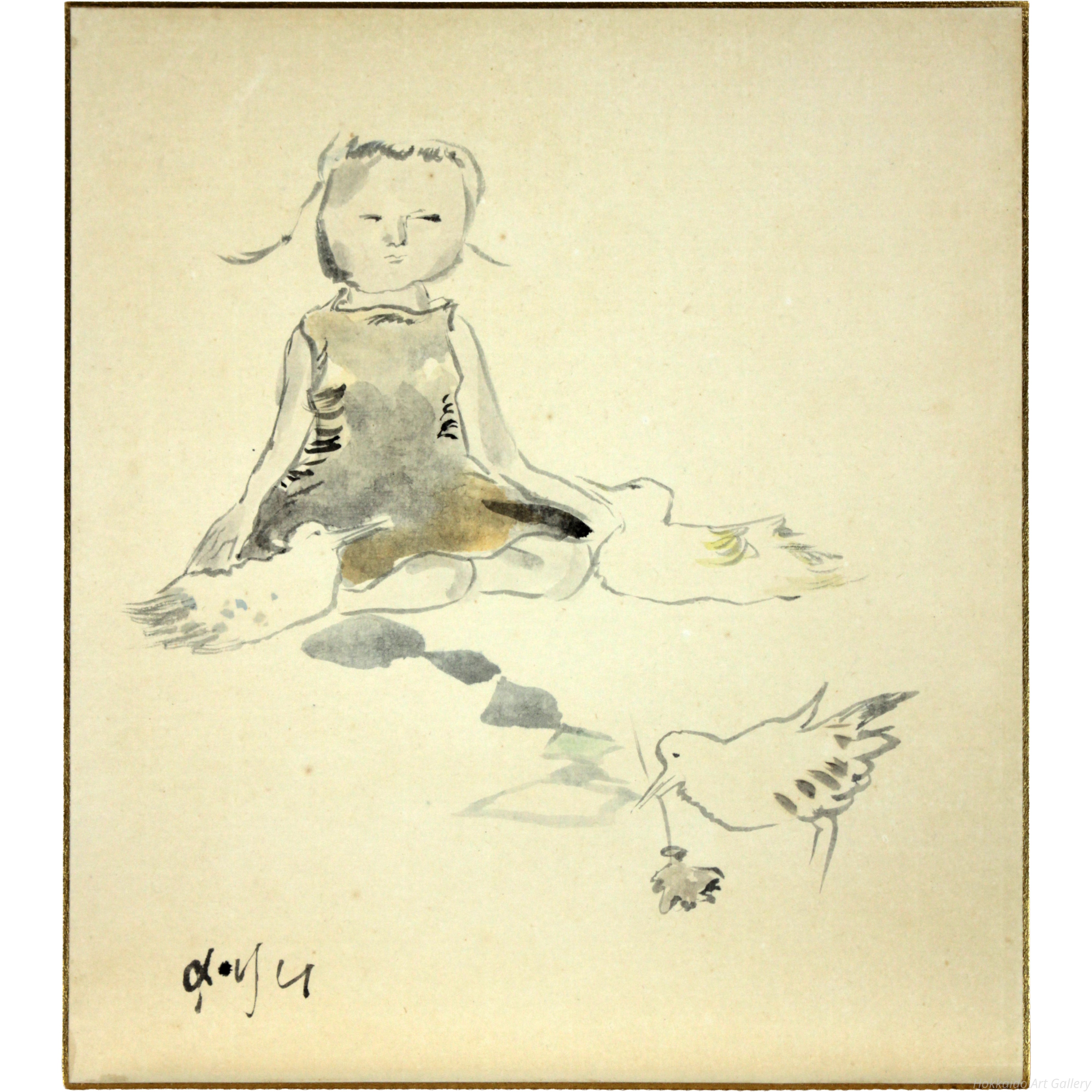脇田和 『子供と鳥』 水彩画 - 北海道画廊