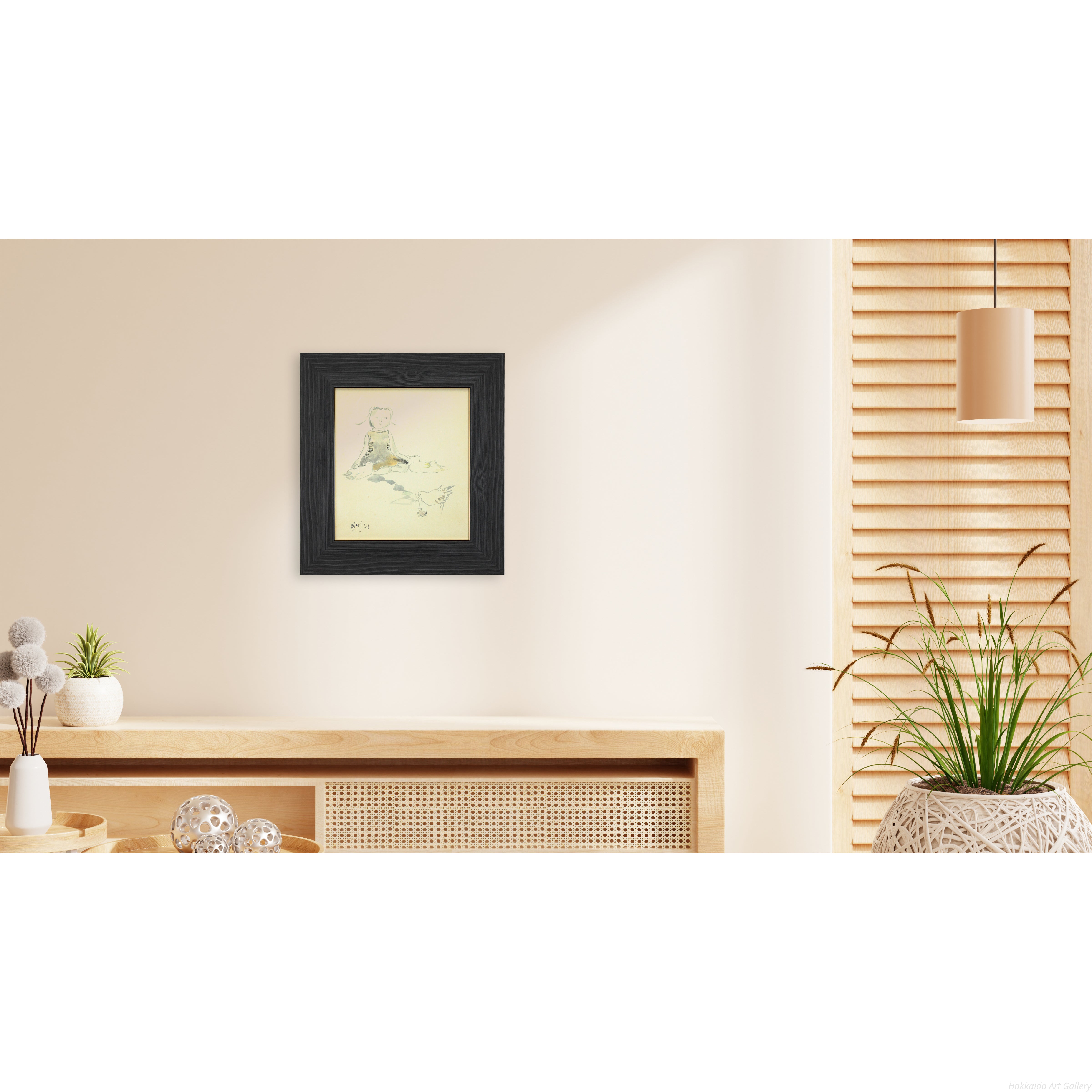 脇田和 『子供と鳥』 水彩画 - 北海道画廊