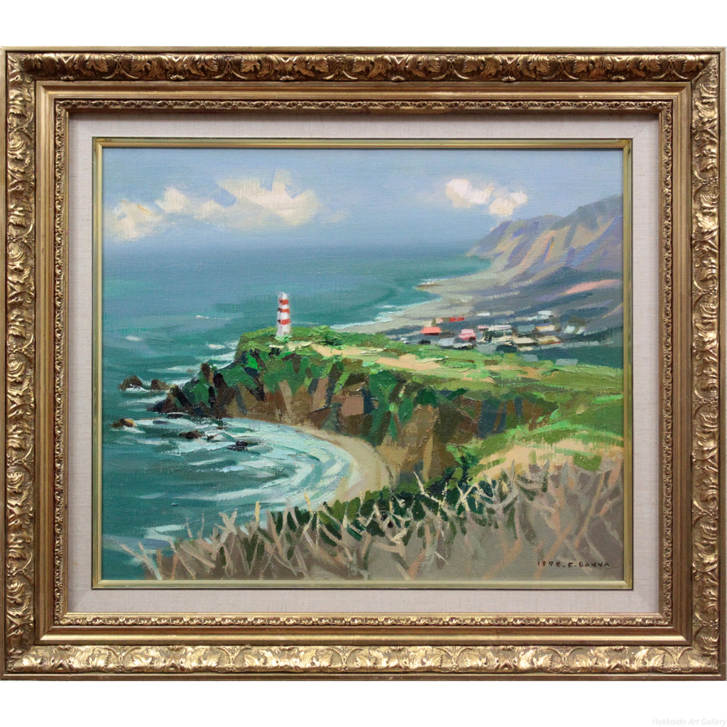 灯台と赤い屋根の建物が描かれた油彩画 絵画の通販、購入ならFROM ARTIST/作品名：美瑛.赤い屋根の家/作家名