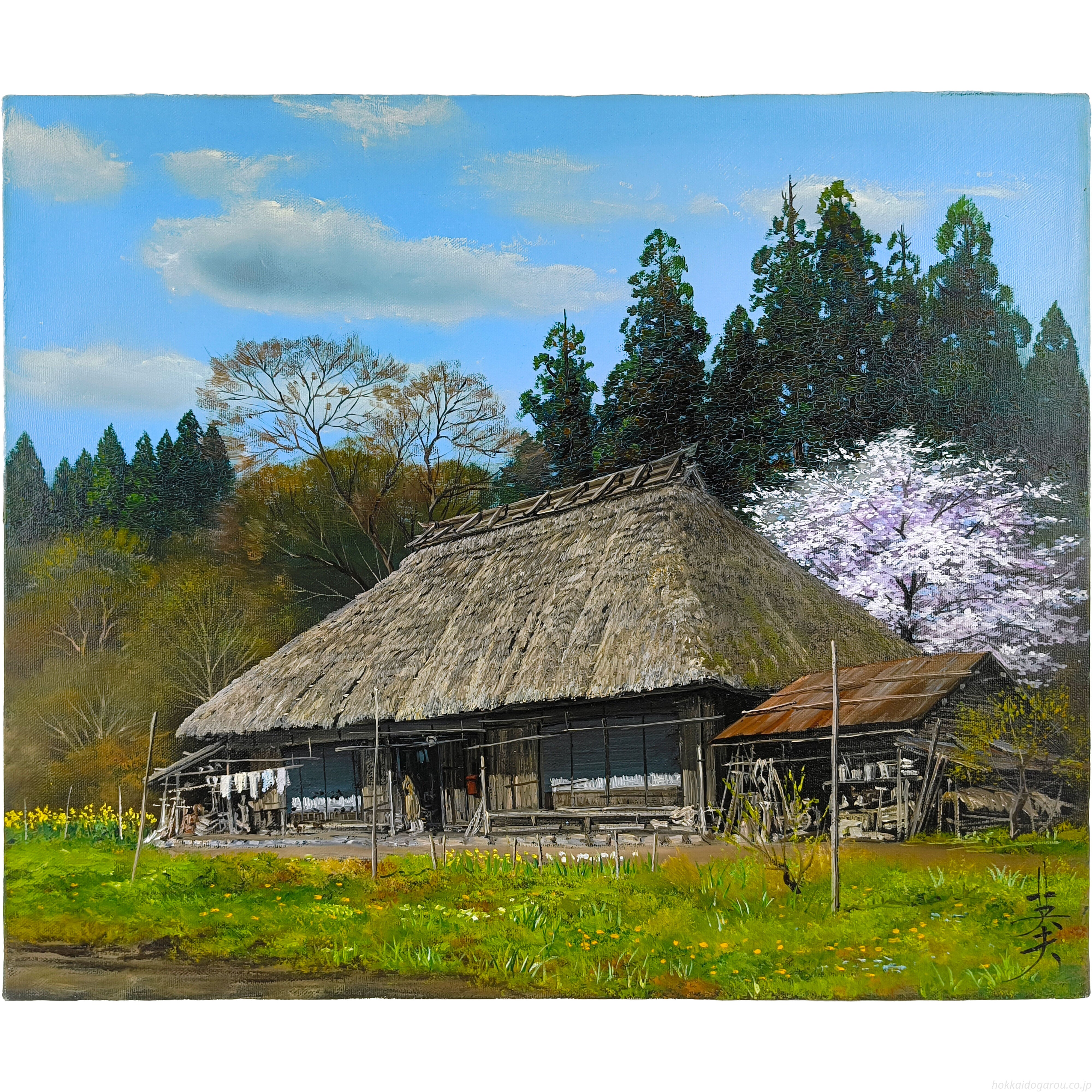 雨宮英夫 『民家訪春』 油彩画 - 北海道画廊