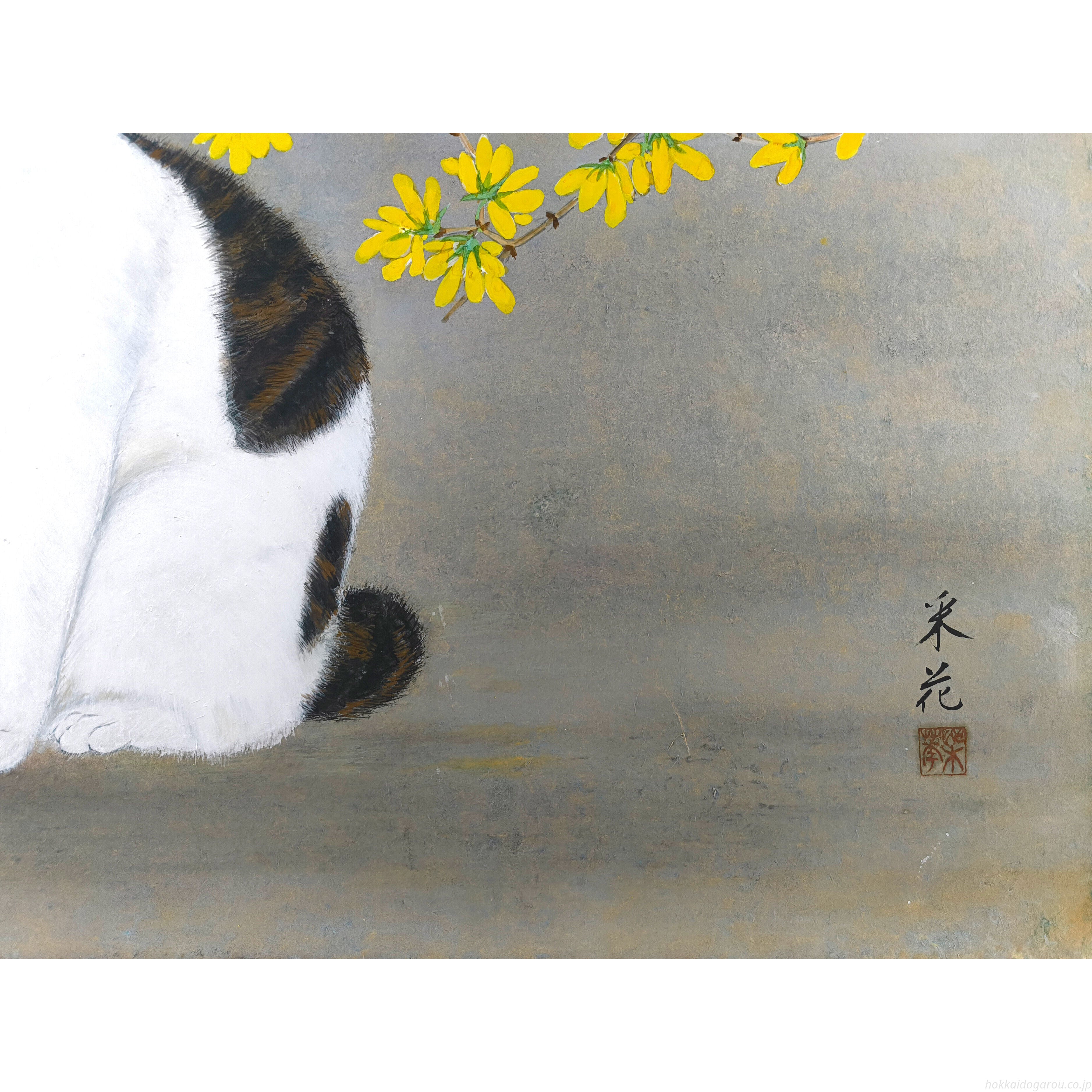 黒川采花 「猫と連翹」 日本画 絵画 黒川采花 『猫と連翹』 日本画 - 北海道画廊