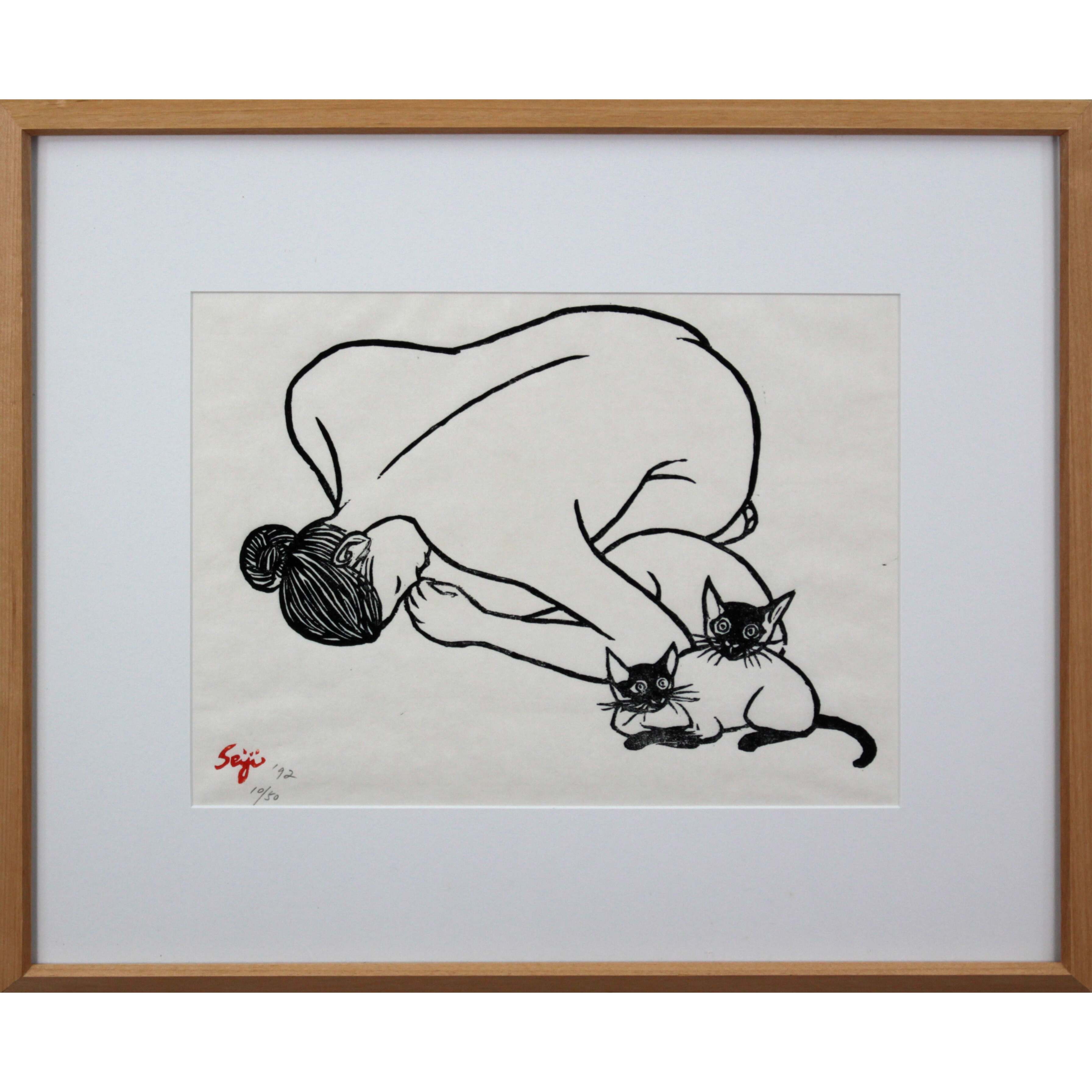 斎藤誠治 『モッチャンと二匹の猫』 木版画 - 北海道画廊
