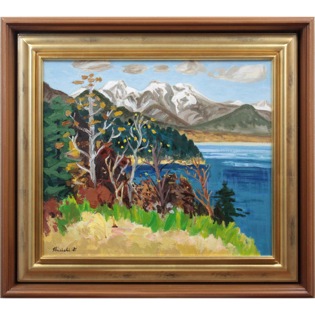 菊地秀一 『糠平湖と裏大雪山』 油彩画 - 北海道画廊